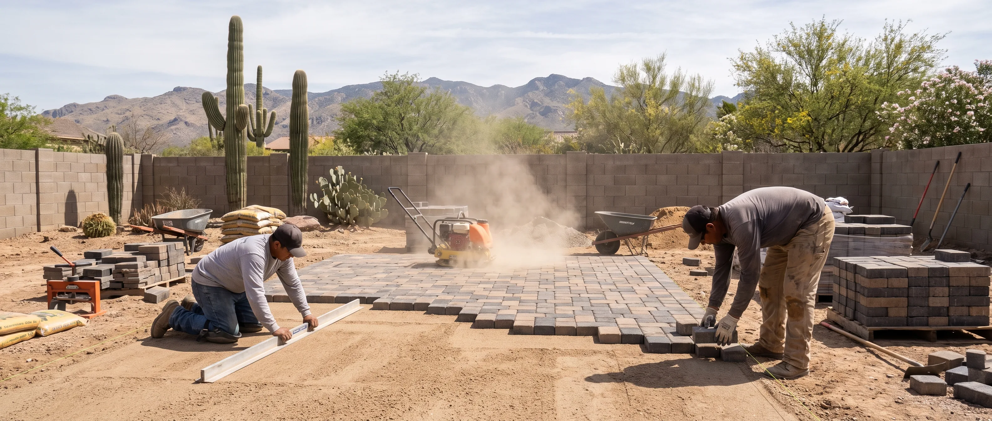 Hardscape crew working on a Tucson back yard build