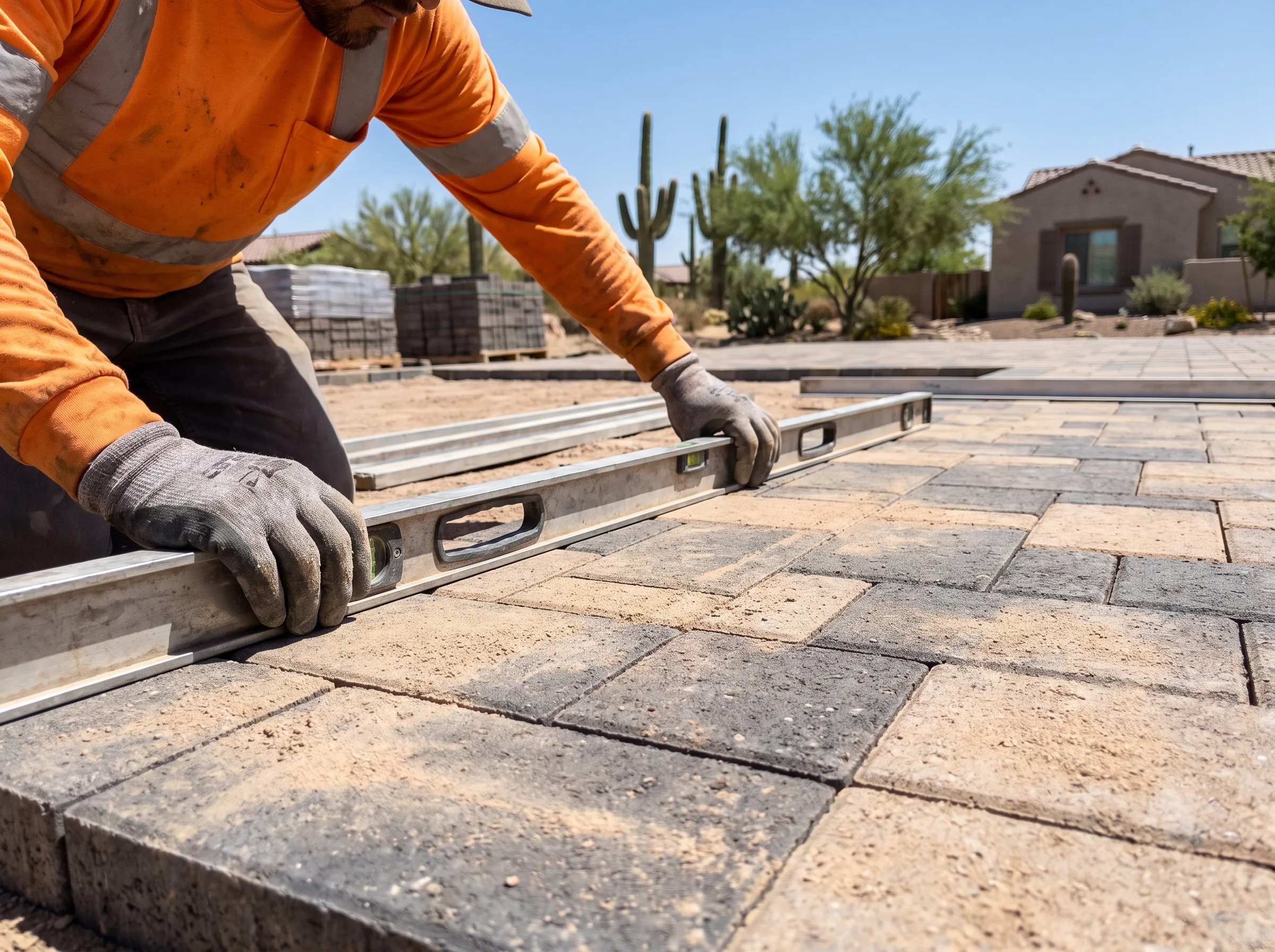 Checking level across newly laid pavers