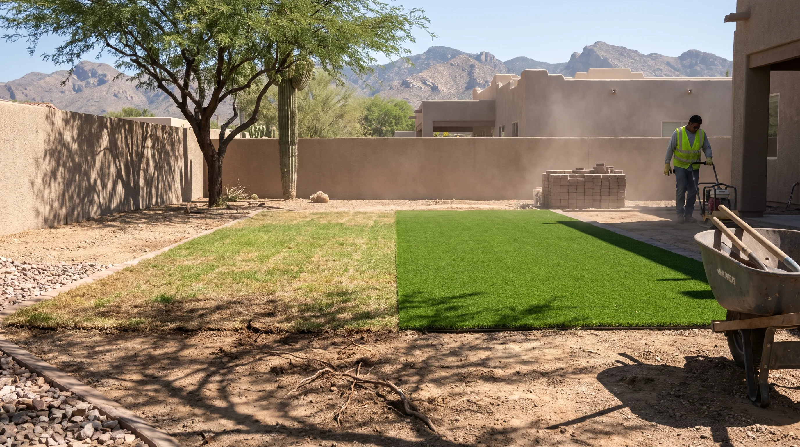 Artificial turf panel next to struggling real grass
