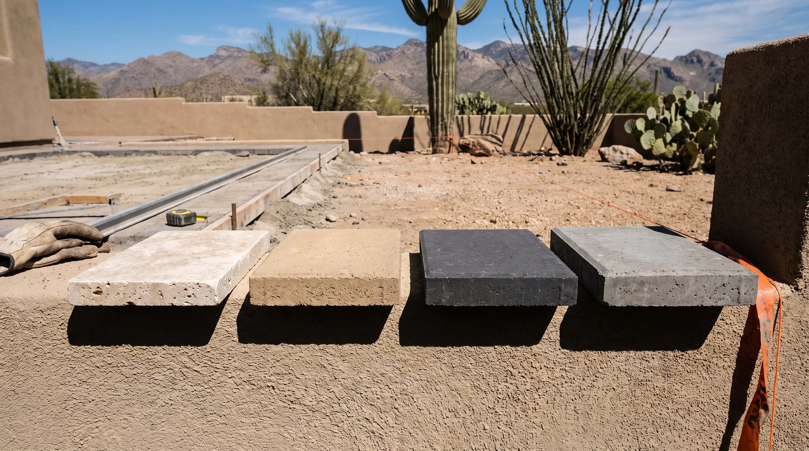 Different hardscape surface samples in direct Tucson sun