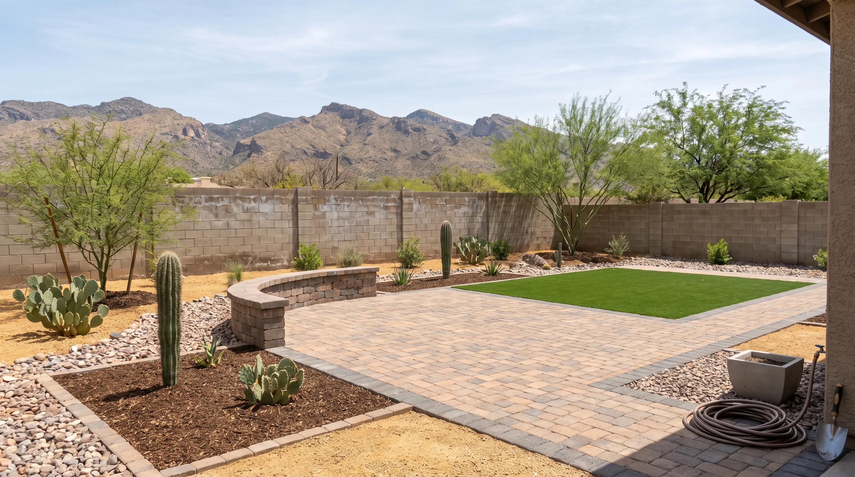 Finished hardscaped back yard presented as a selling feature
