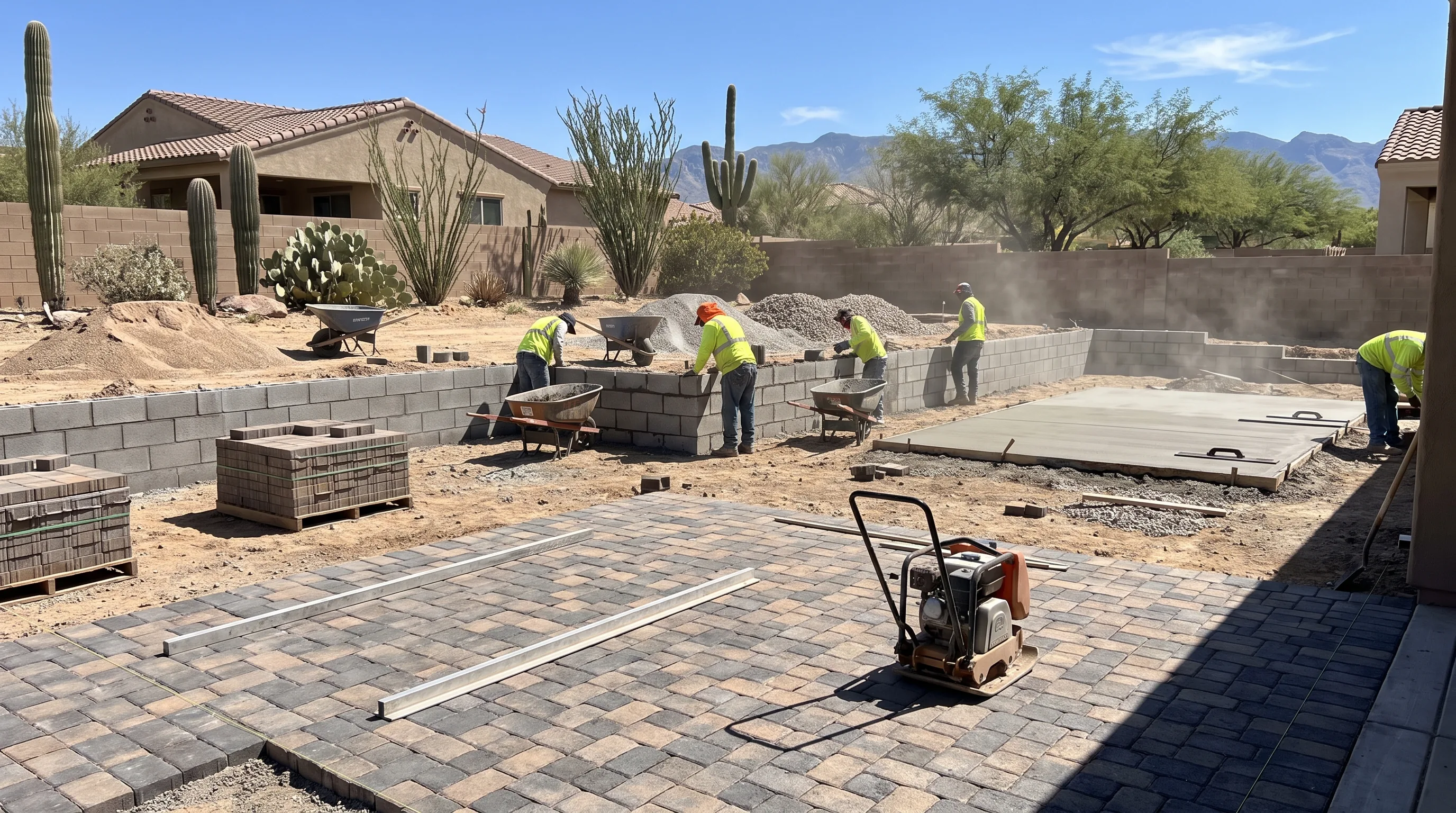 Full backyard hardscape build under way in Tucson