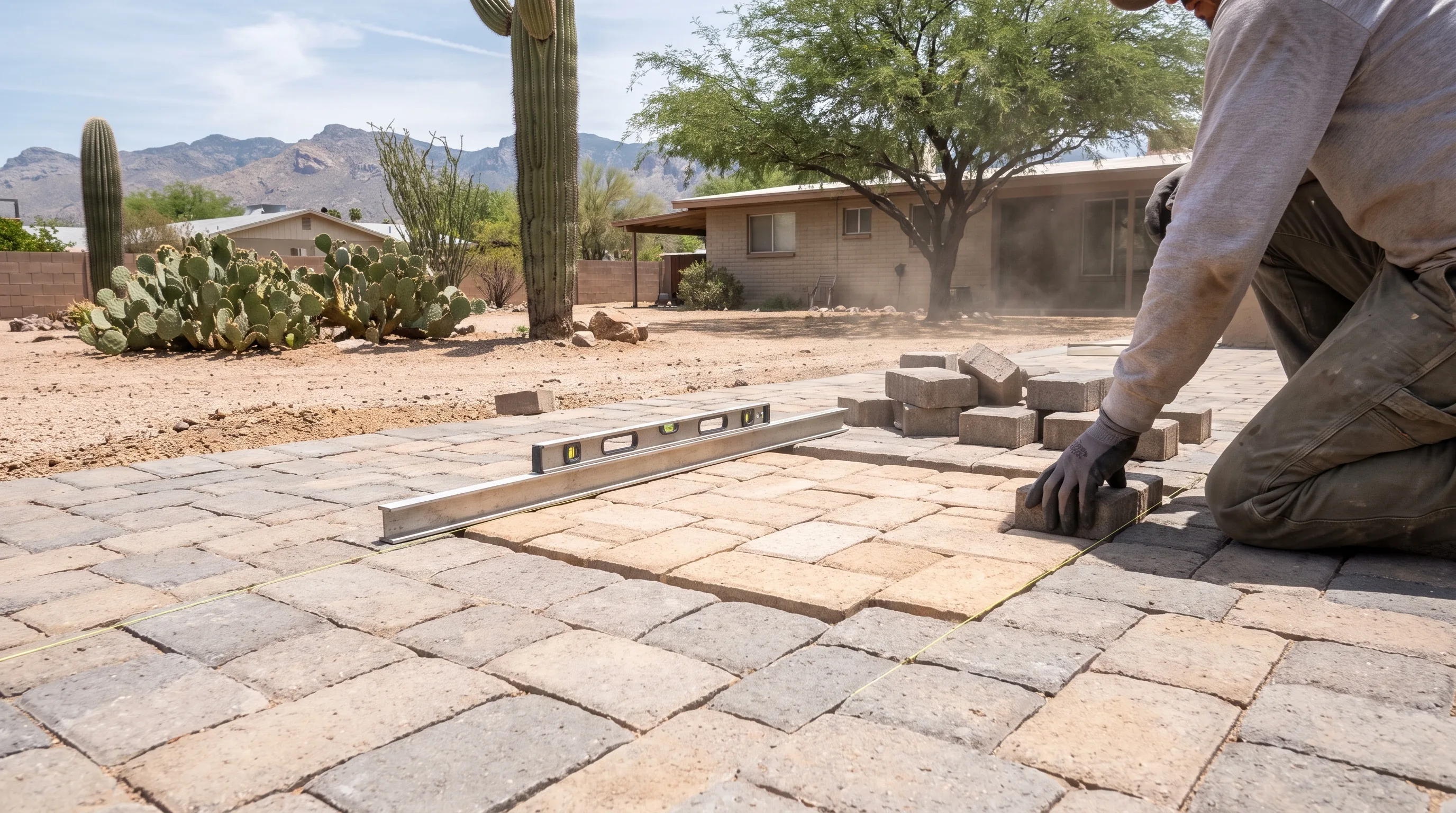 Weathered older paver patio beside newer pavers