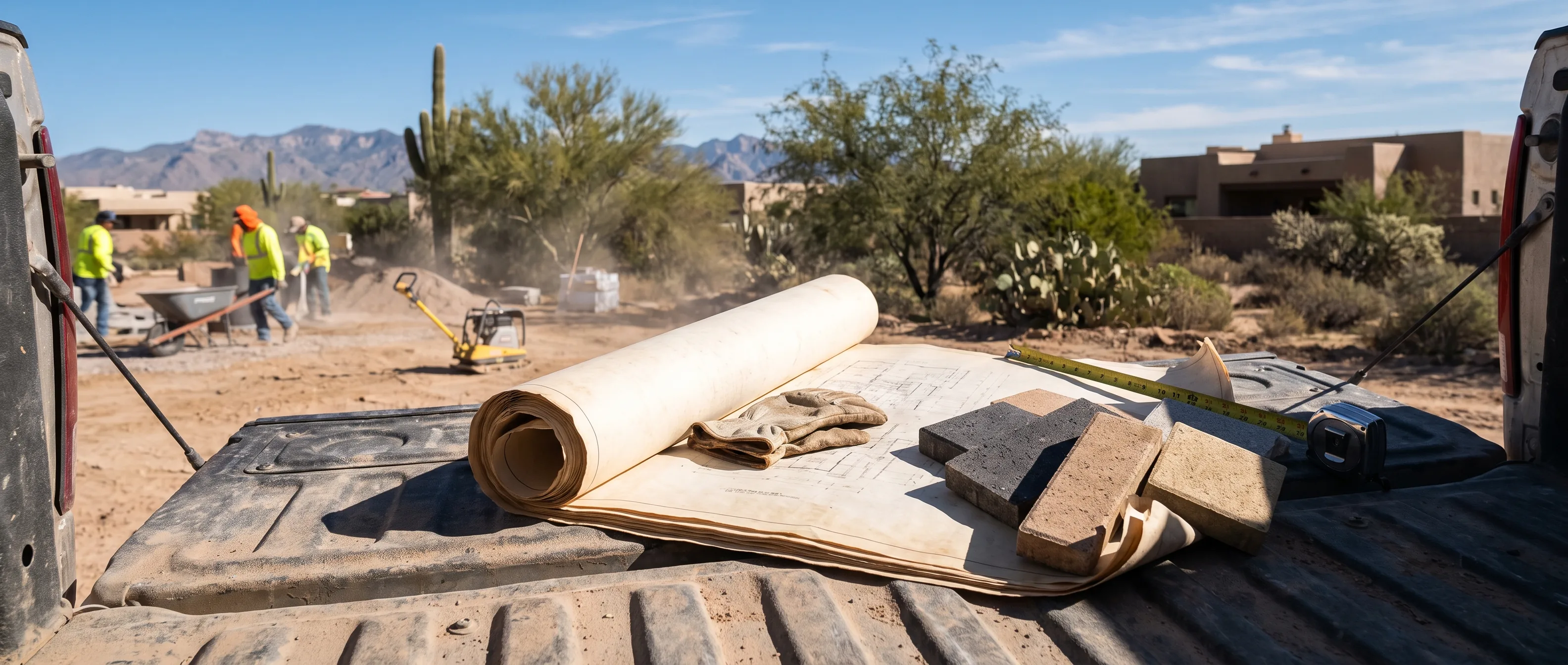 Hardscape plans, samples and tools on a truck tailgate