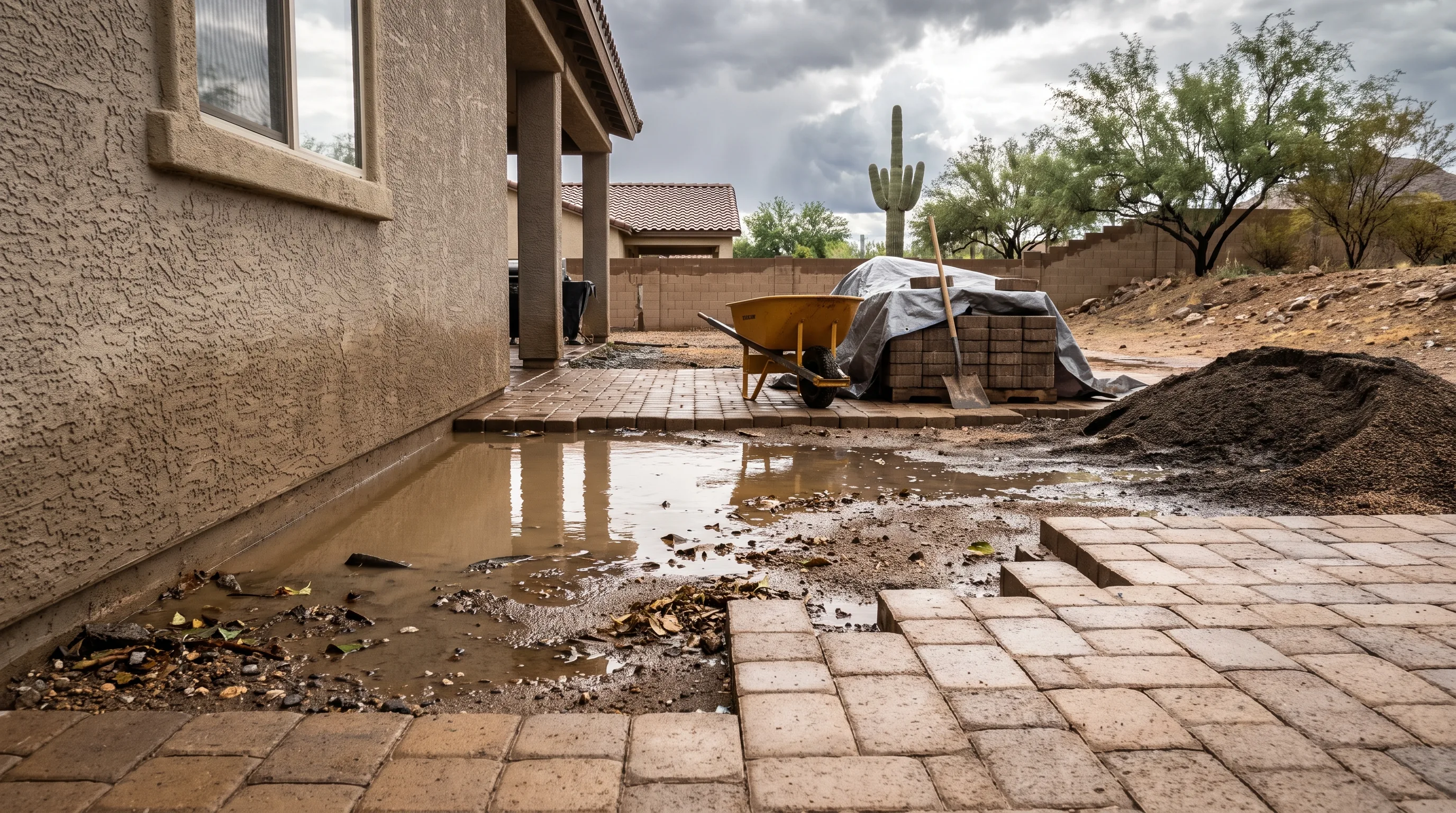 Water pooling on a patio surface after monsoon rain