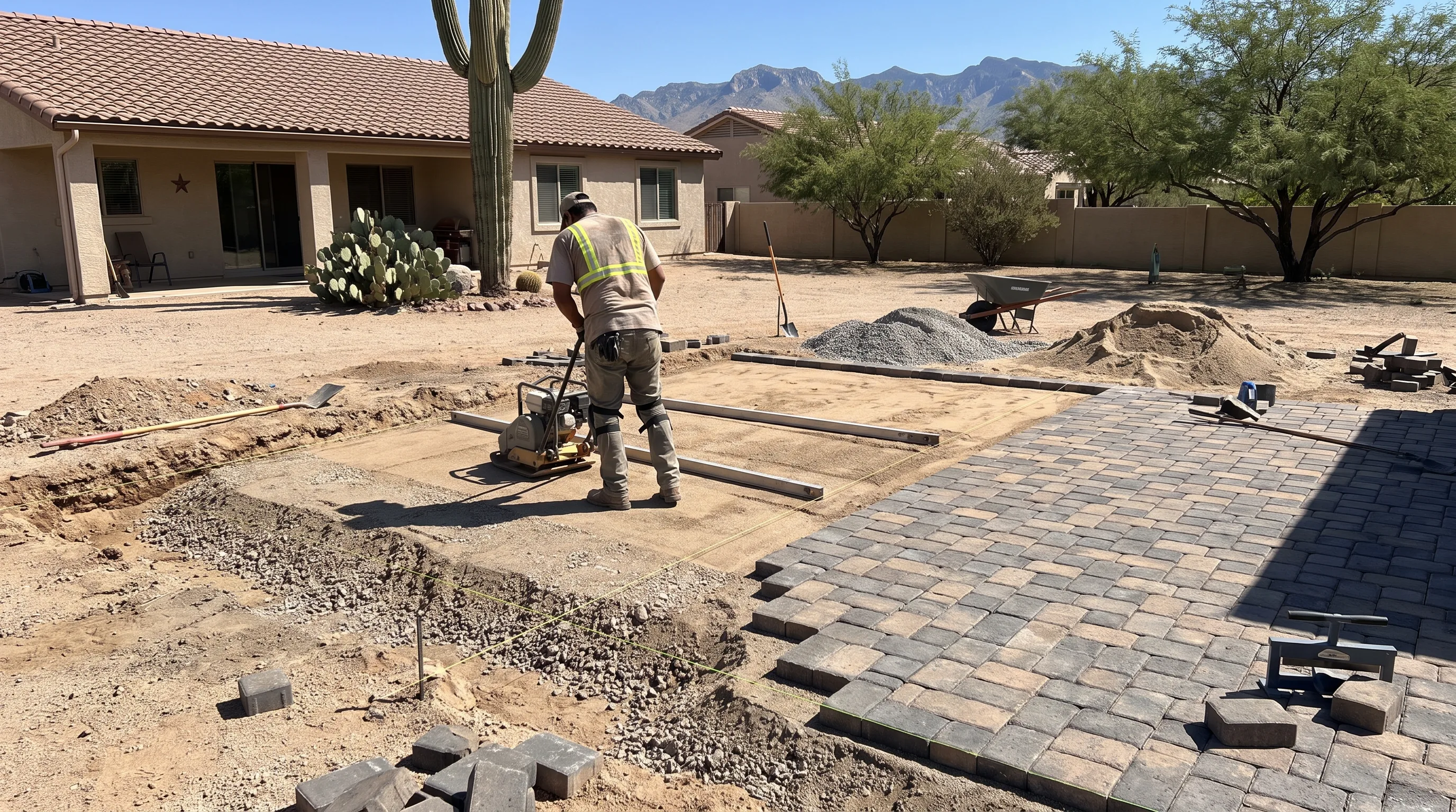 Paver patio part built, showing where the cost goes