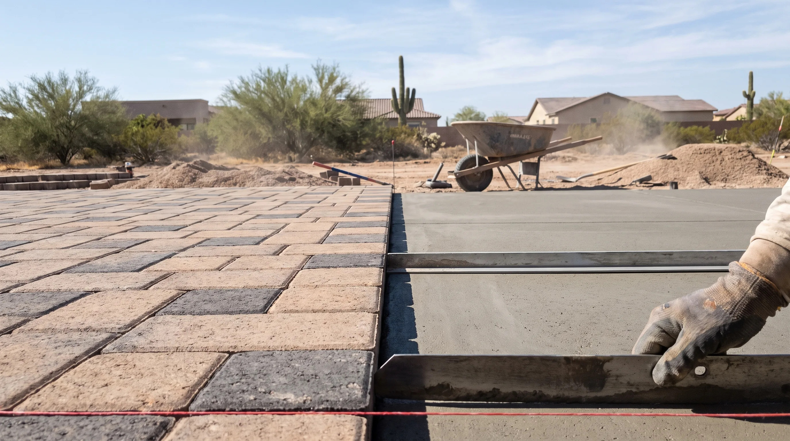 Paver surface meeting a concrete surface side by side