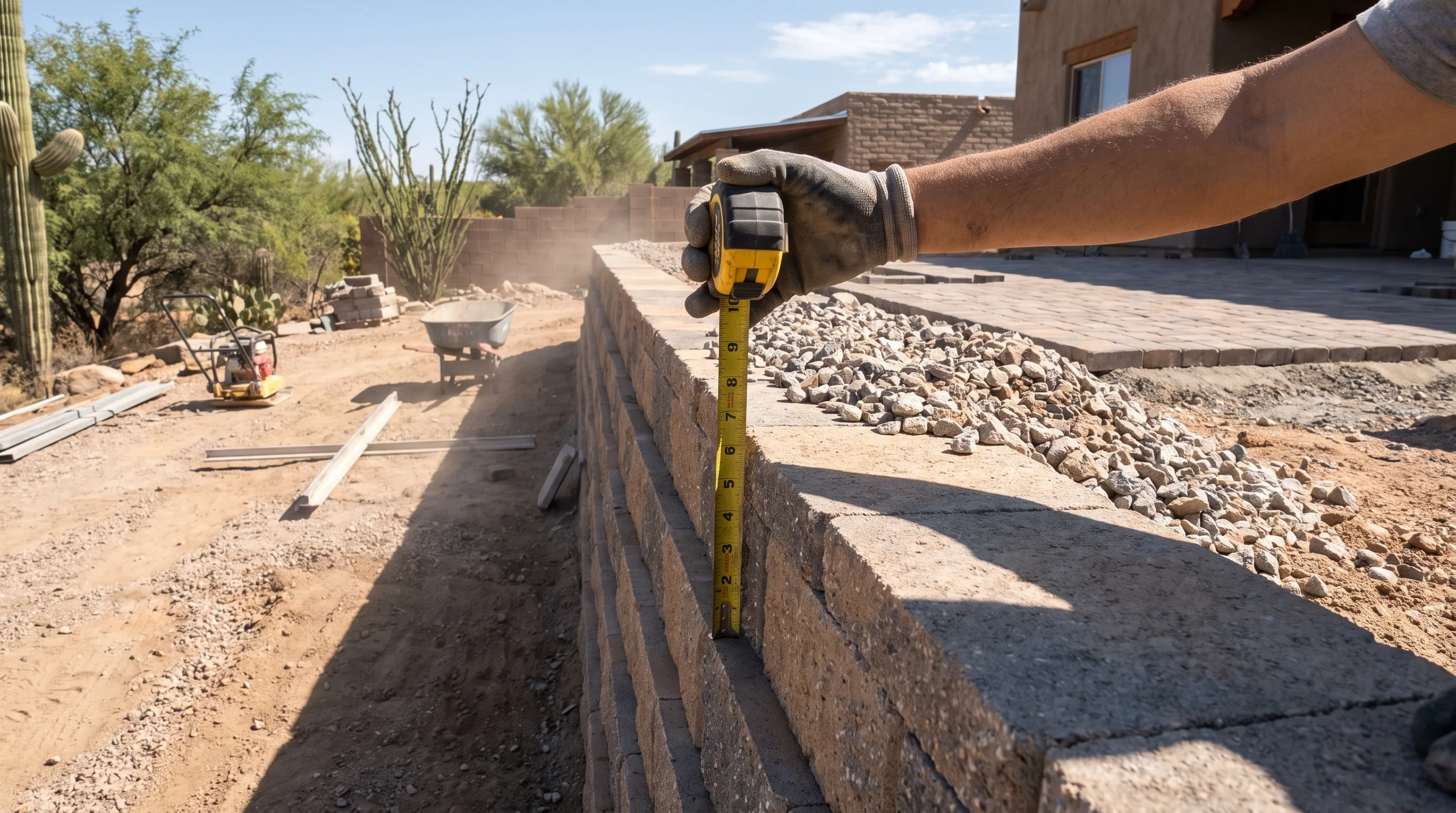 Retaining wall height being measured on a Tucson slope