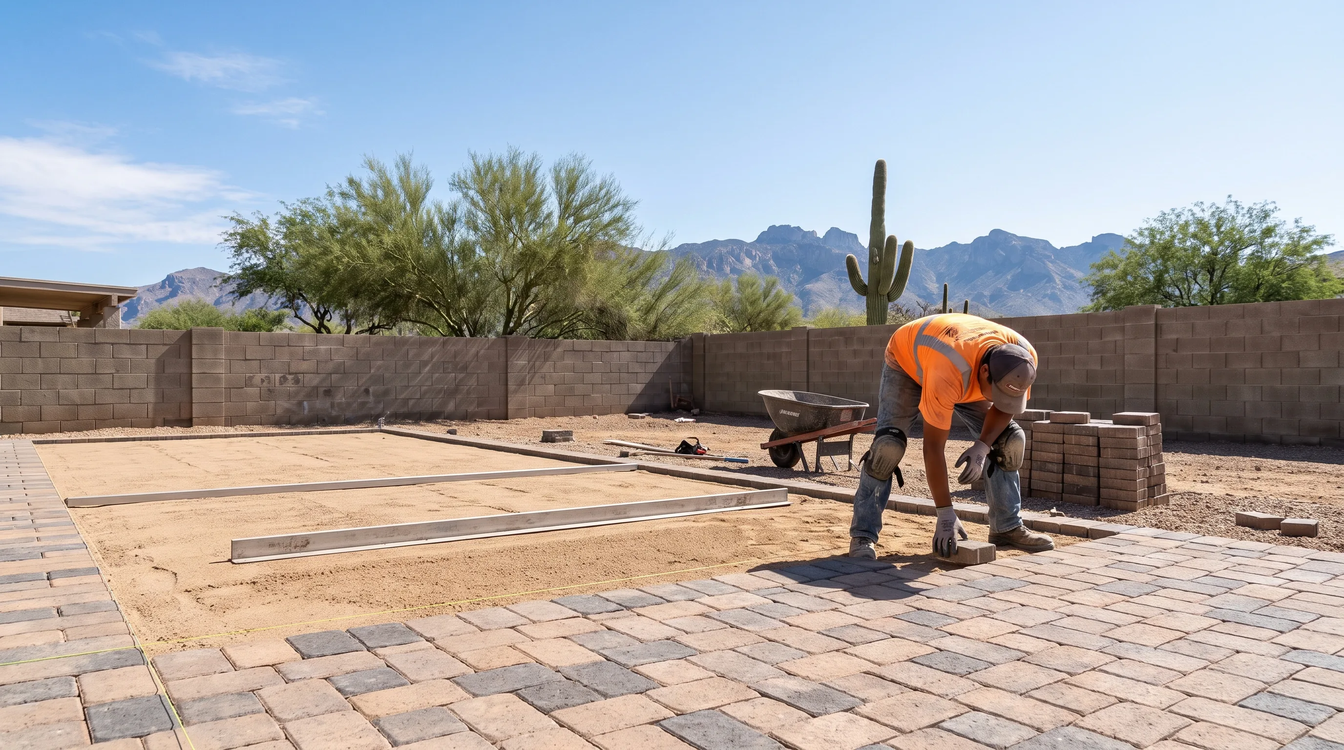 Paver patio being laid on a compacted base in a Tucson back yard