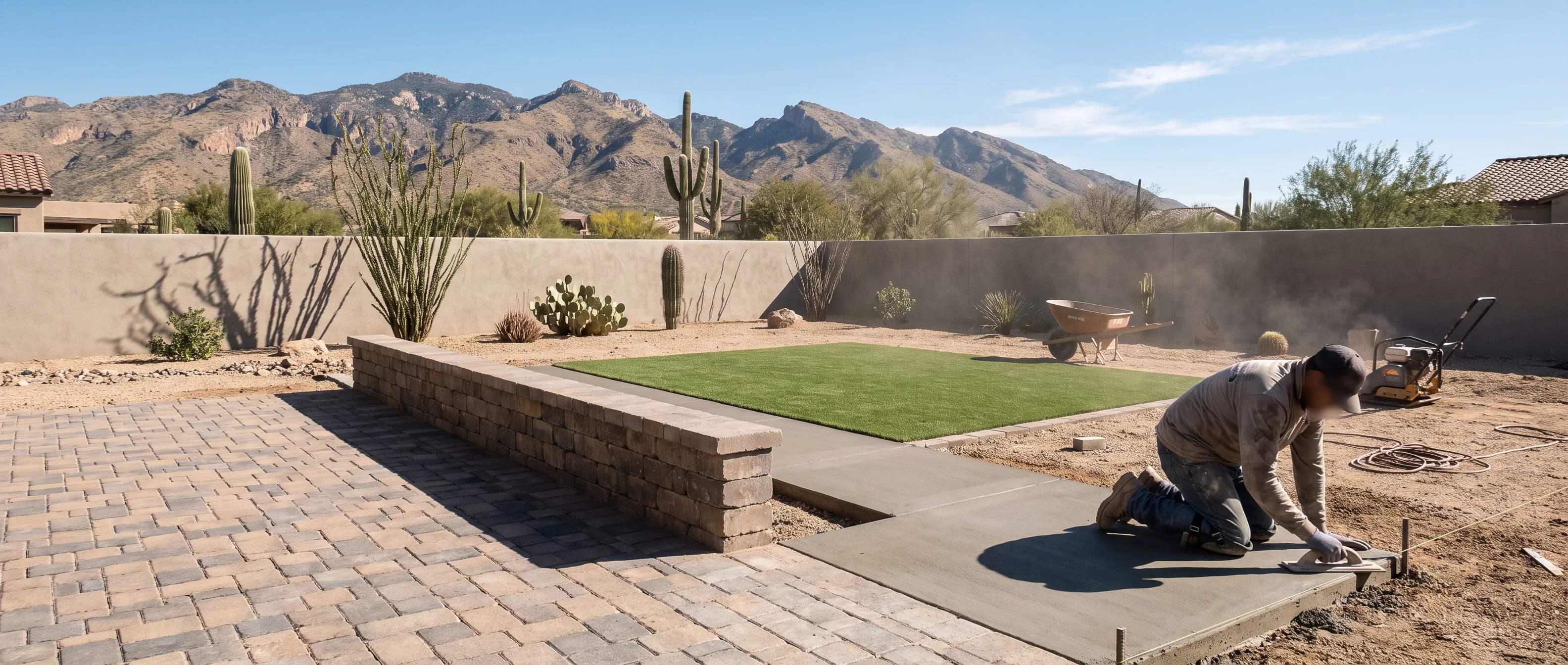 Range of hardscape work including pavers, walls and concrete in a Tucson yard