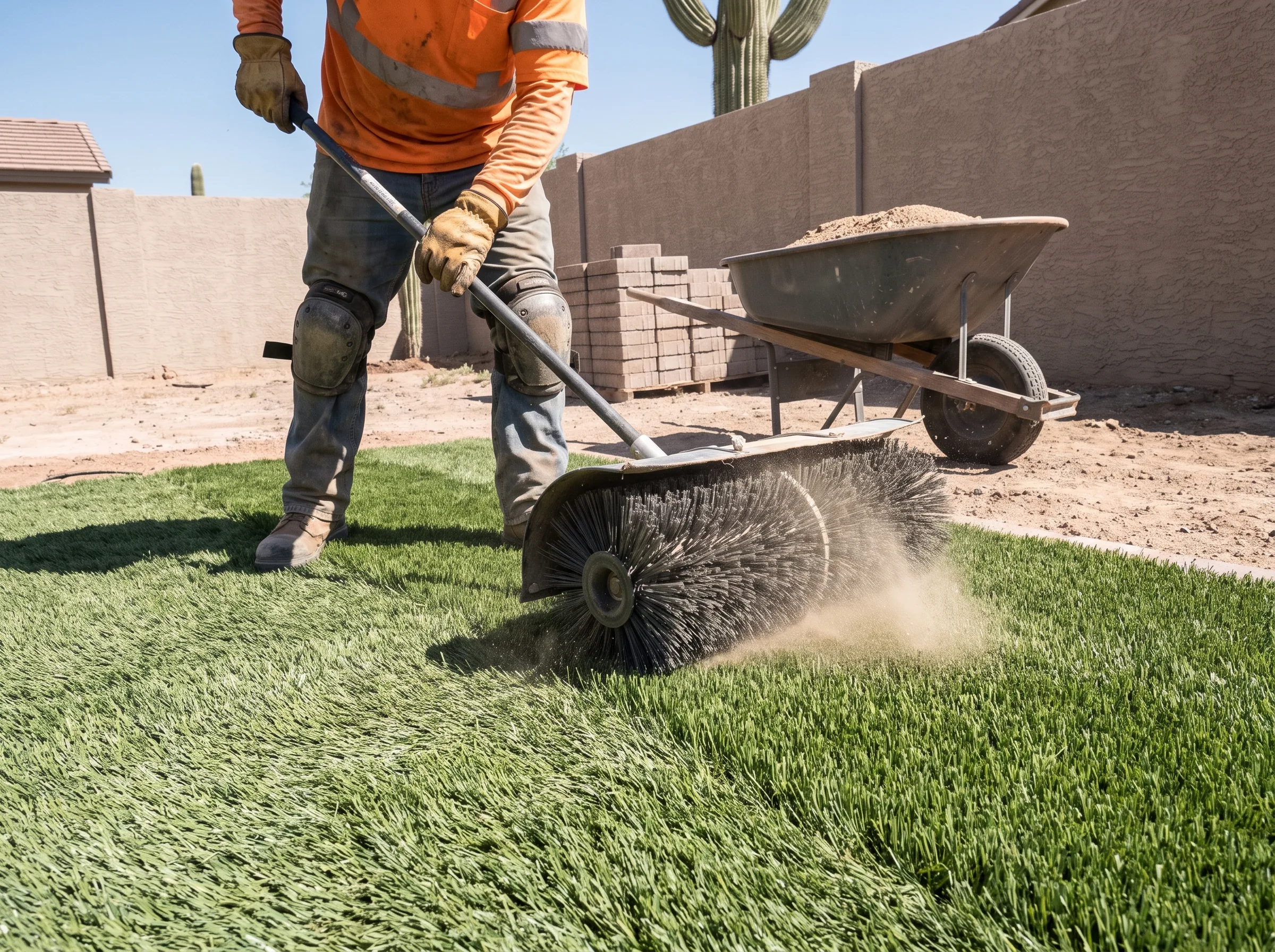 Brushing infill into artificial turf blades