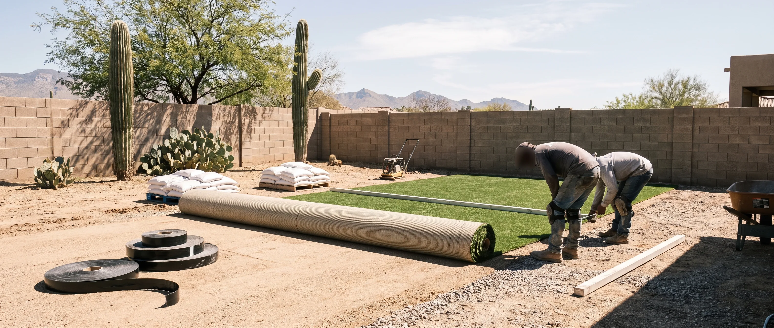 Artificial turf being installed over a base in a Tucson yard