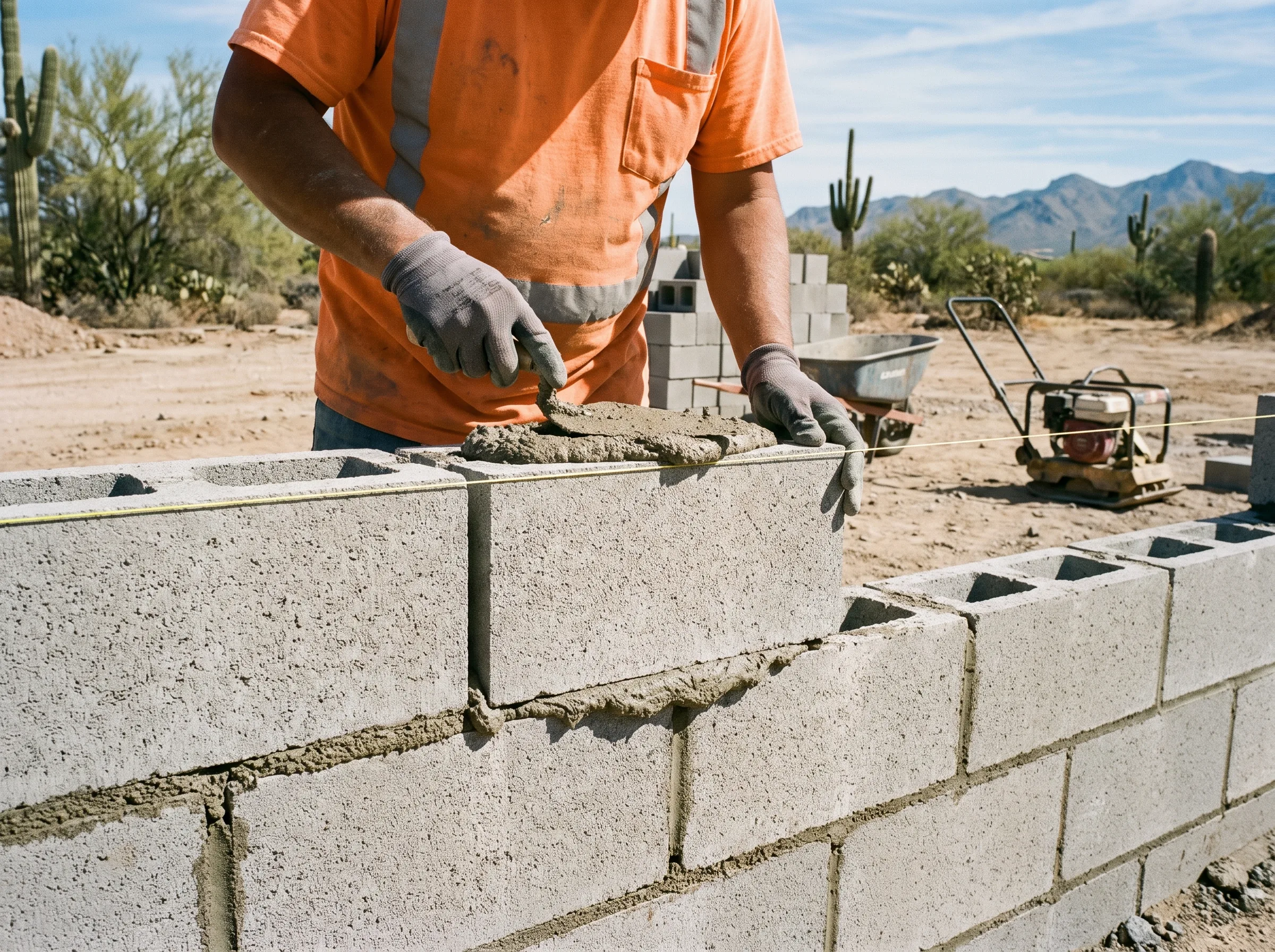 Laying block to a string line with mortar
