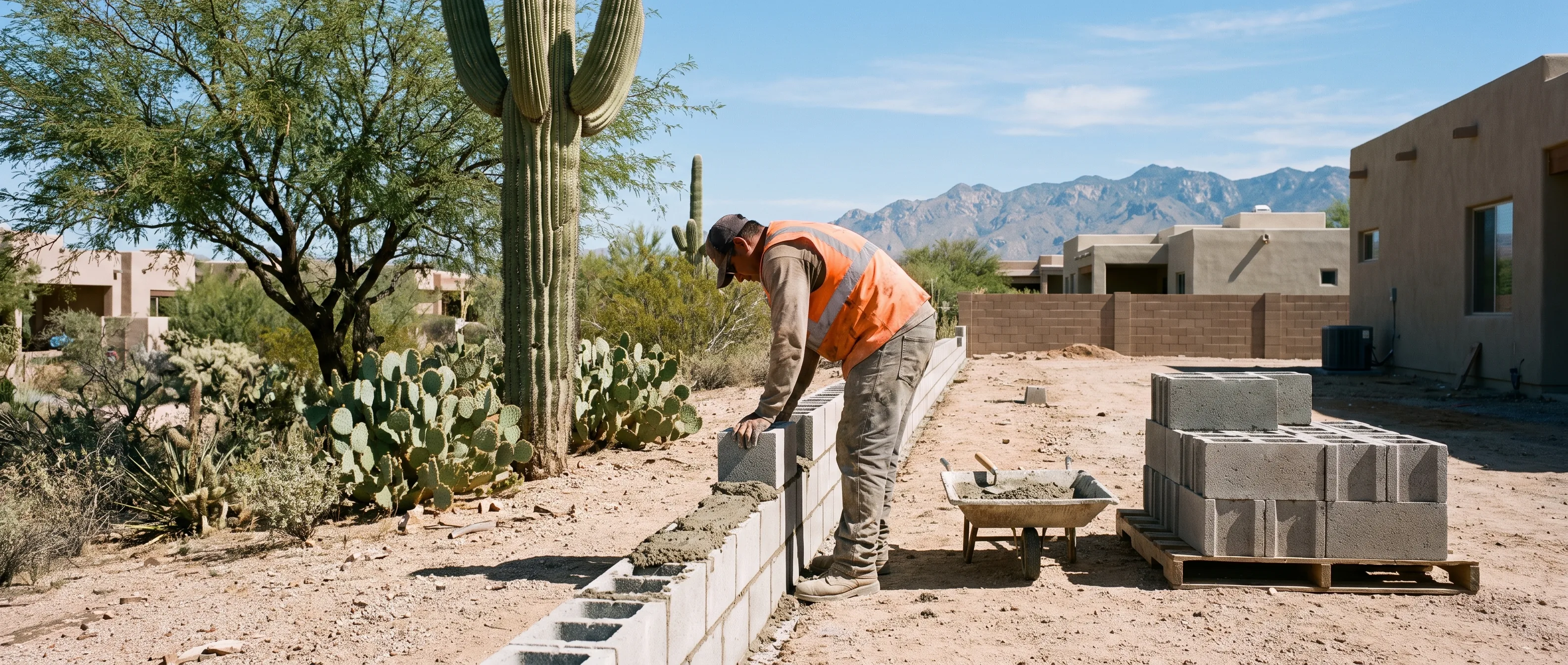 Block wall being built along a Tucson property line