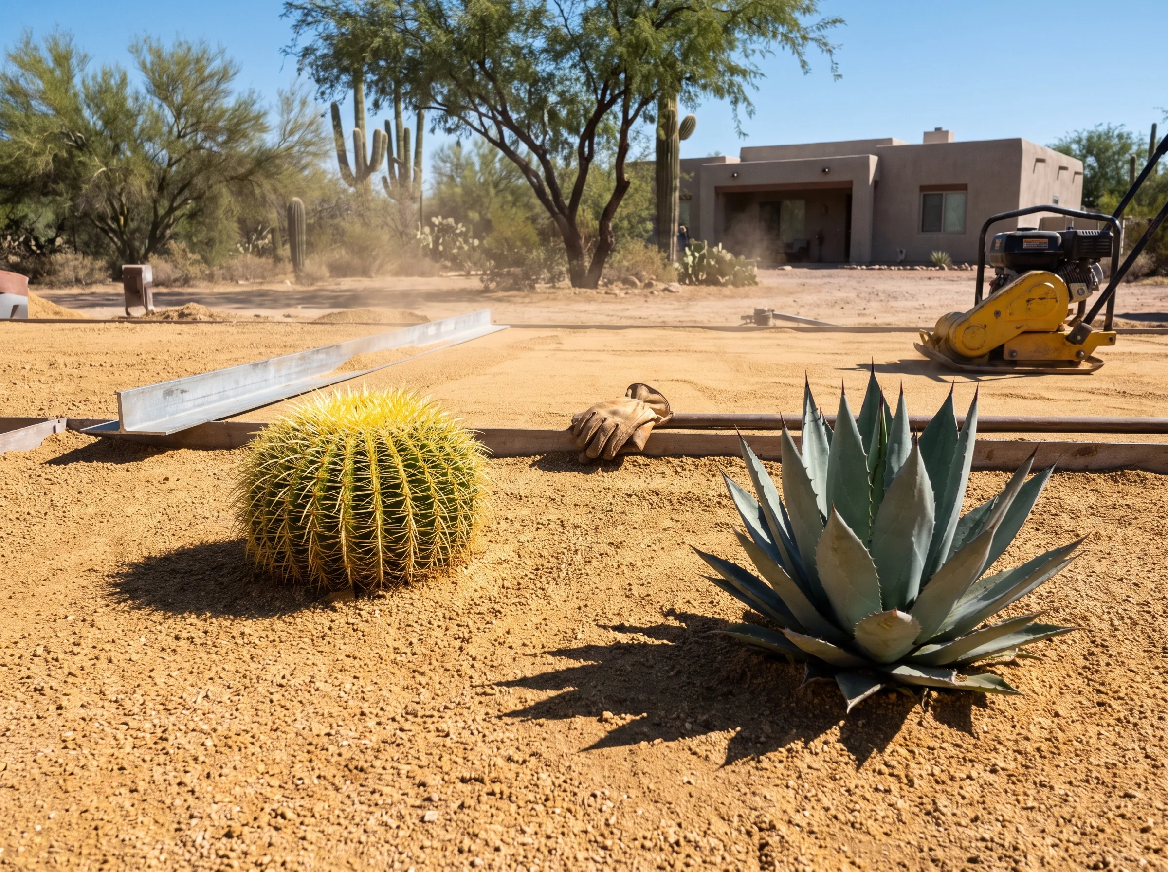 Agave and golden barrel set in decomposed granite