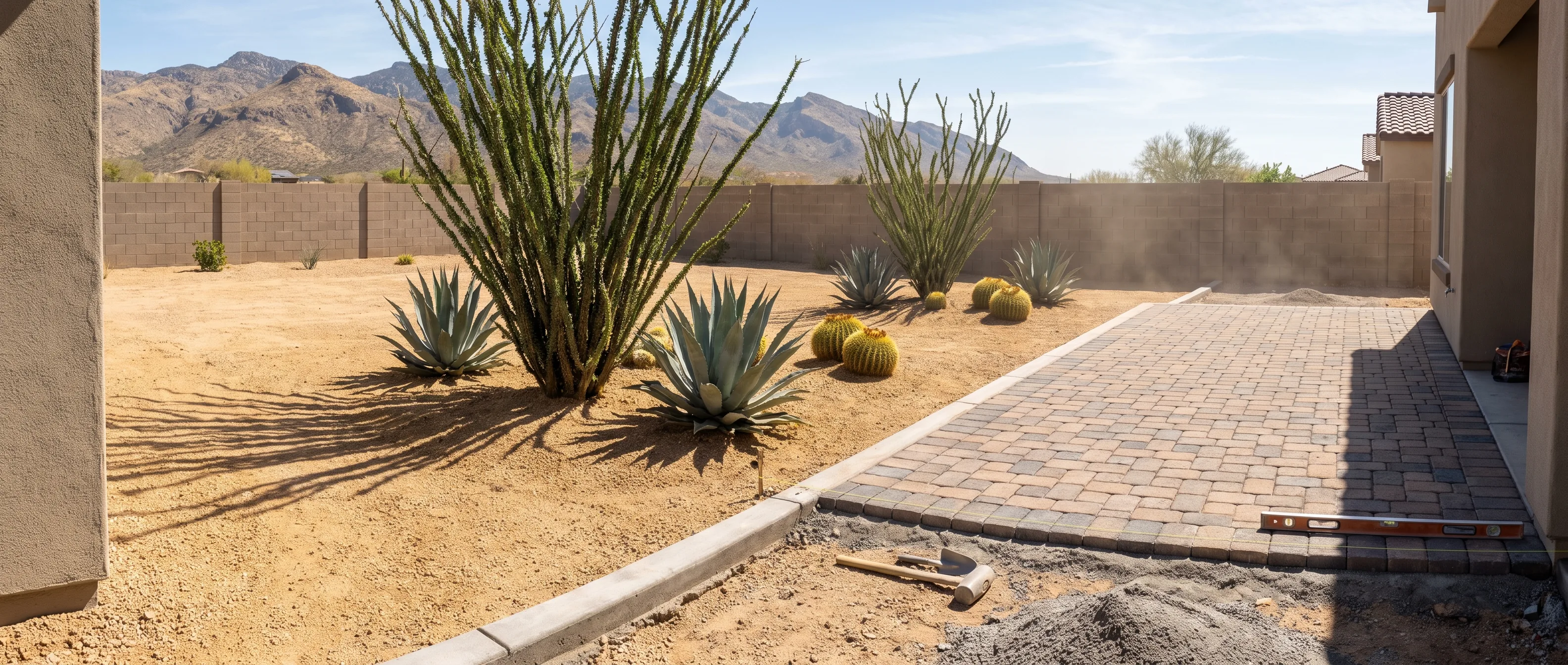 Xeriscape planting and hardscape edge in a Tucson yard