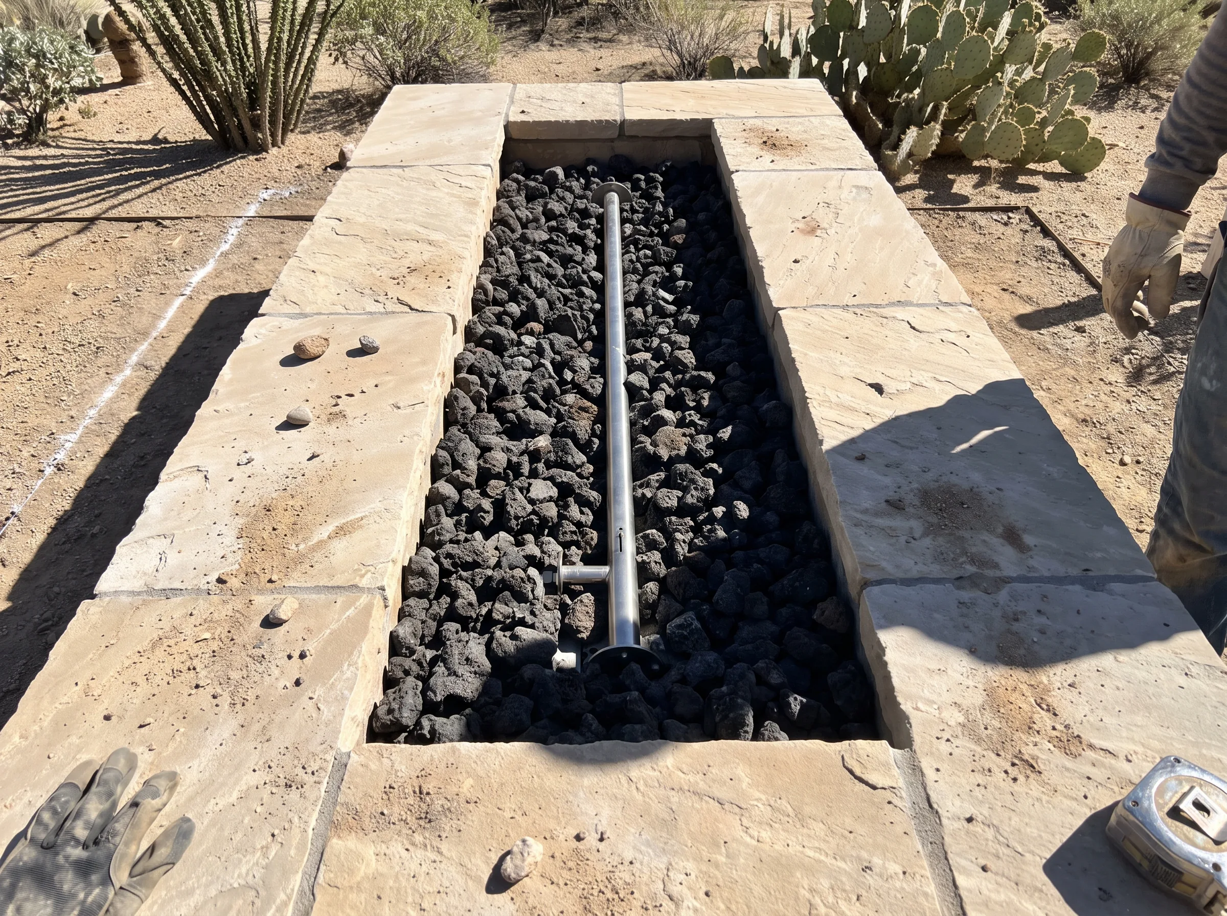 Gas burner and lava rock bed in an unlit fire pit