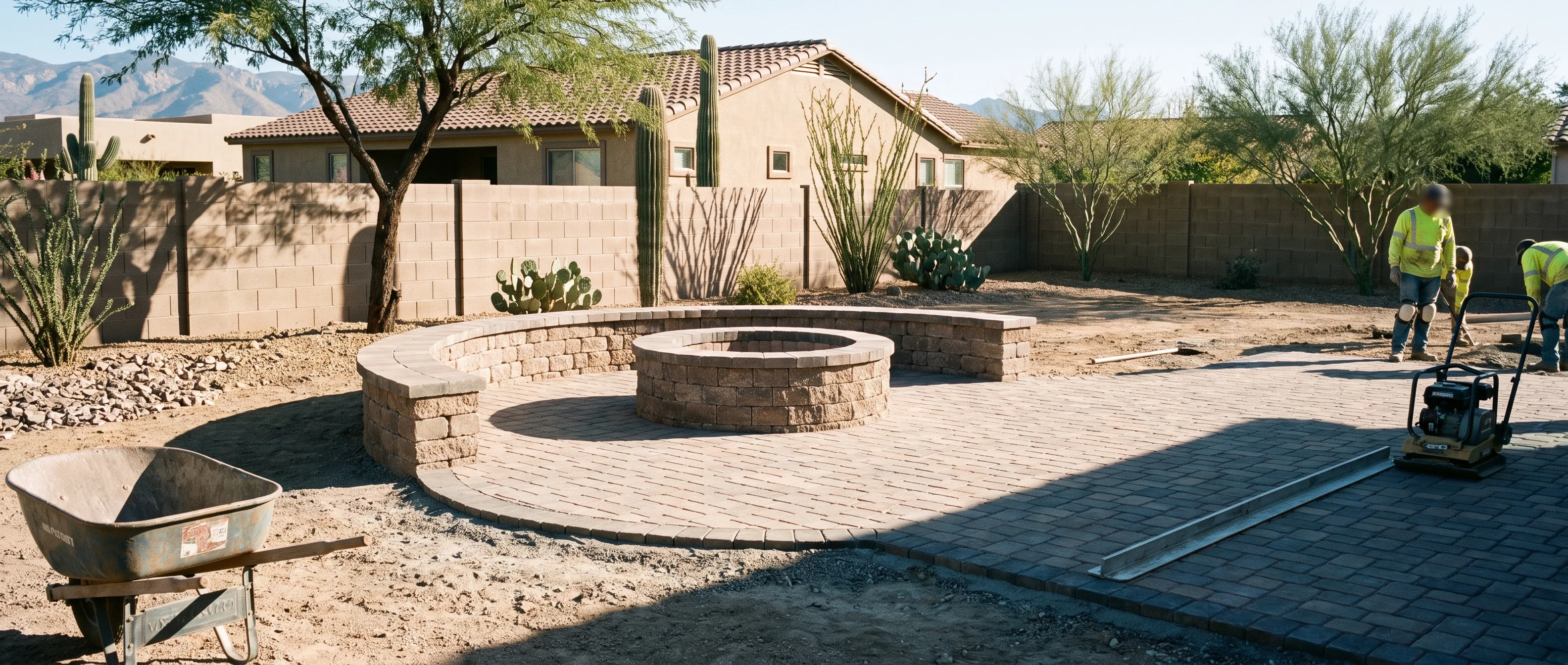 Block built fire pit and seat wall in a Tucson yard