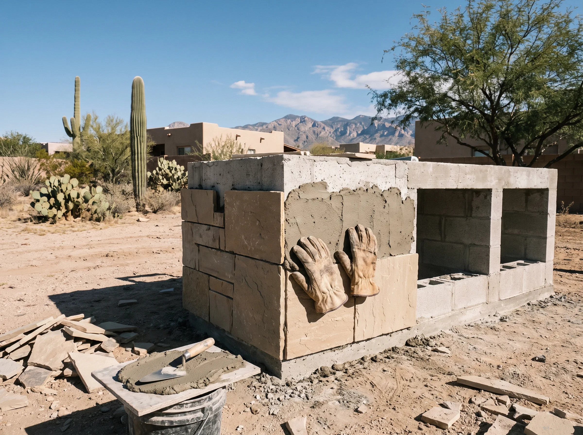 Stone veneer going onto an outdoor kitchen island
