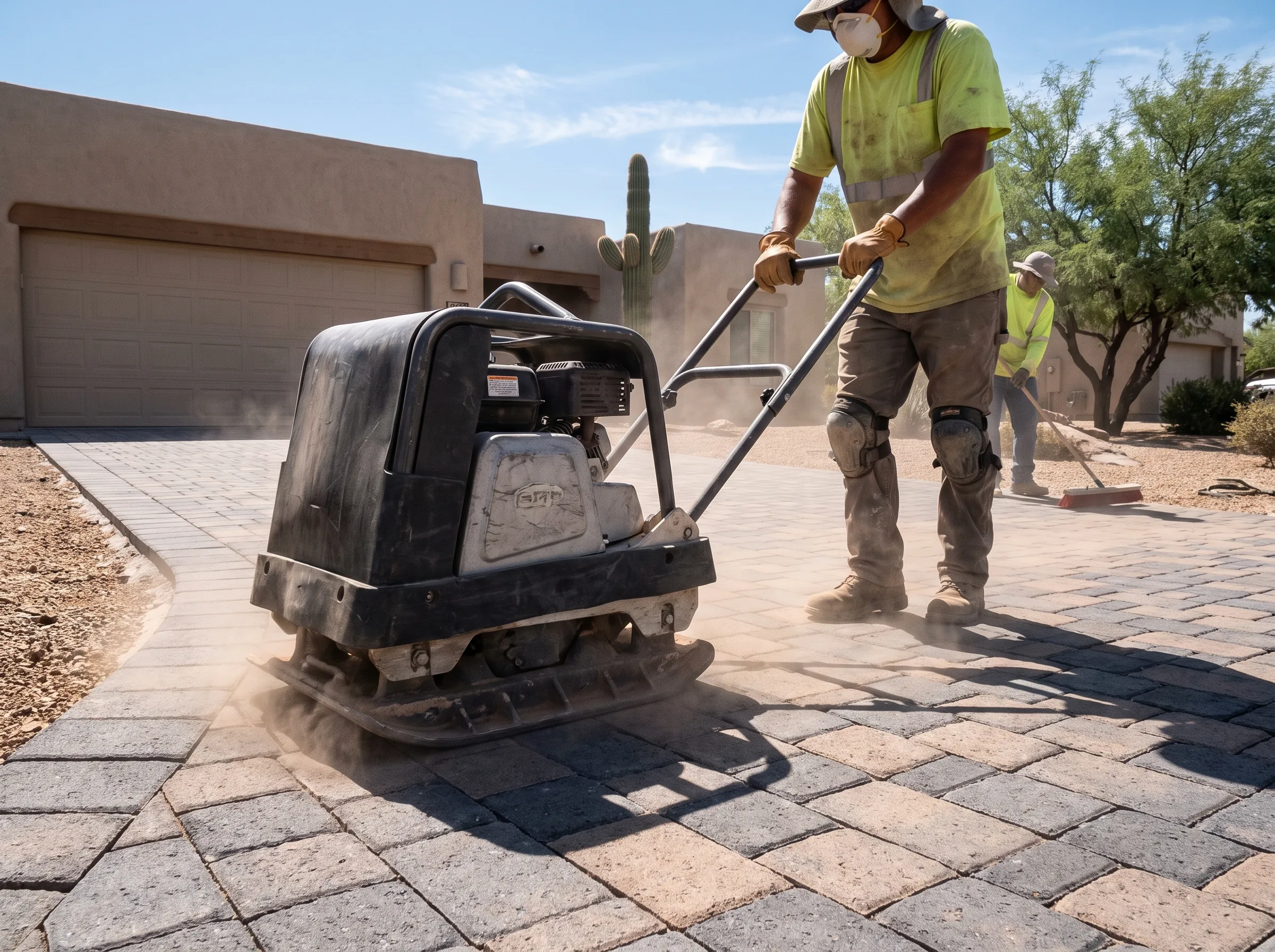 Compacting a paver driveway surface after laying
