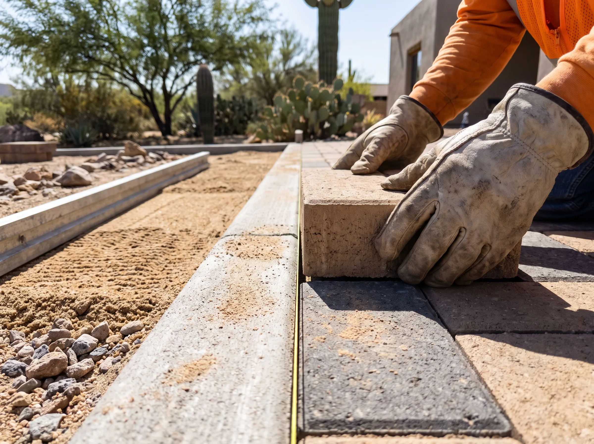 Setting a paver tight to the string line