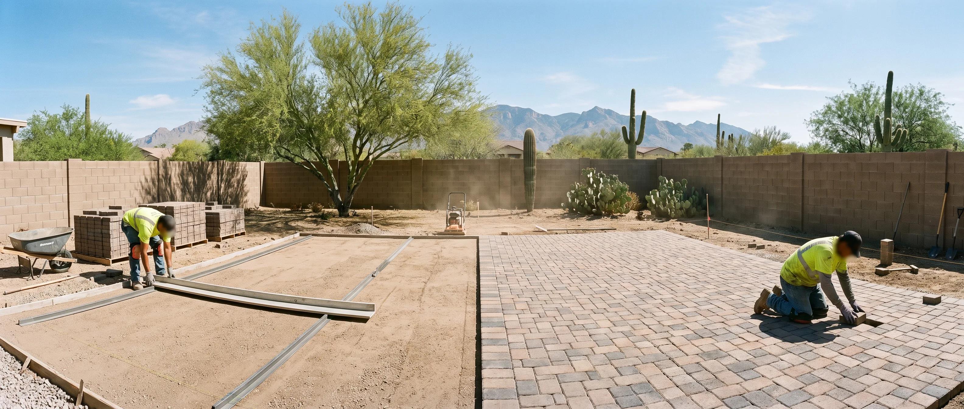 Paver patio installation in progress in Tucson
