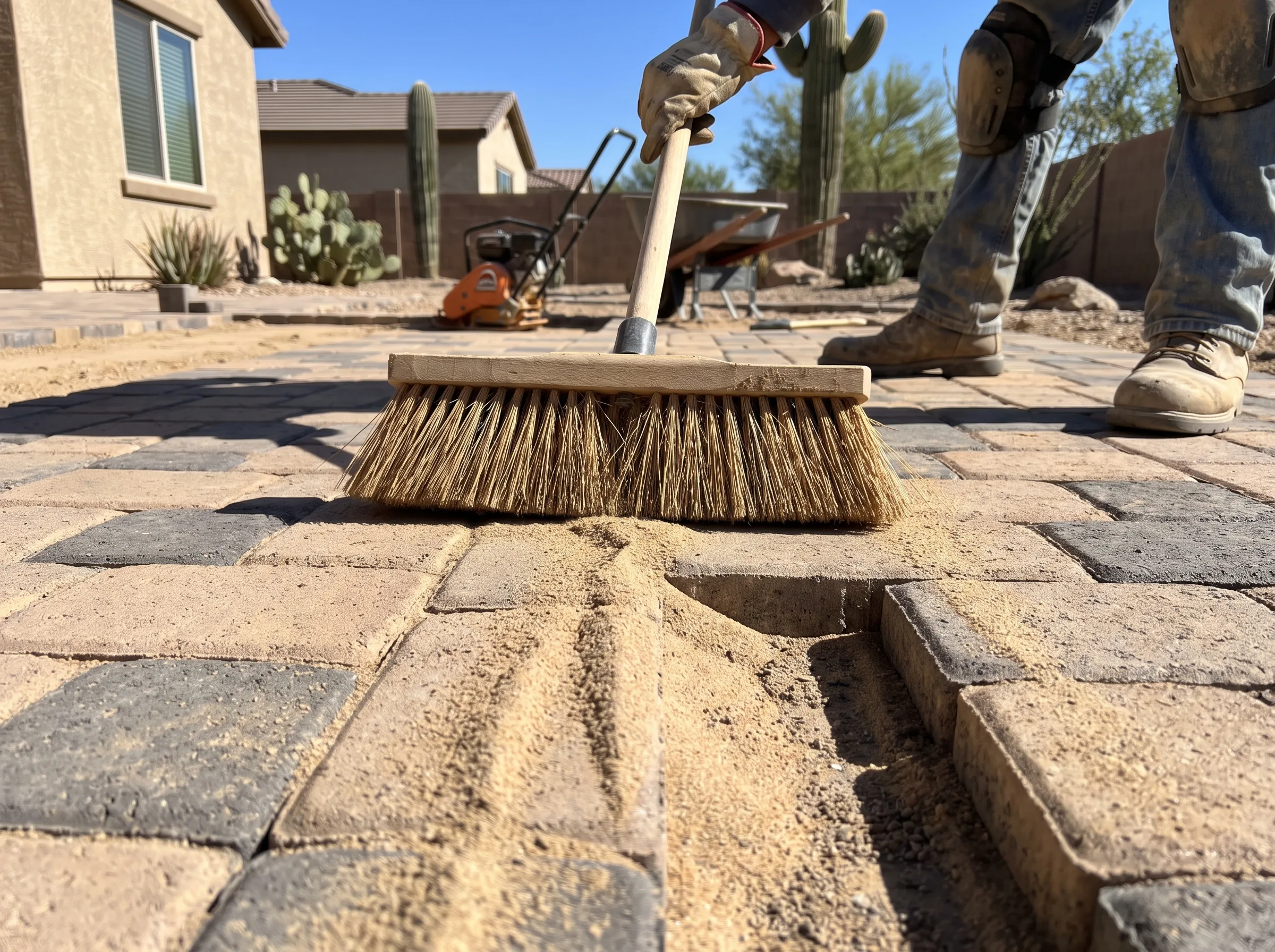 Sweeping joint sand into paver joints