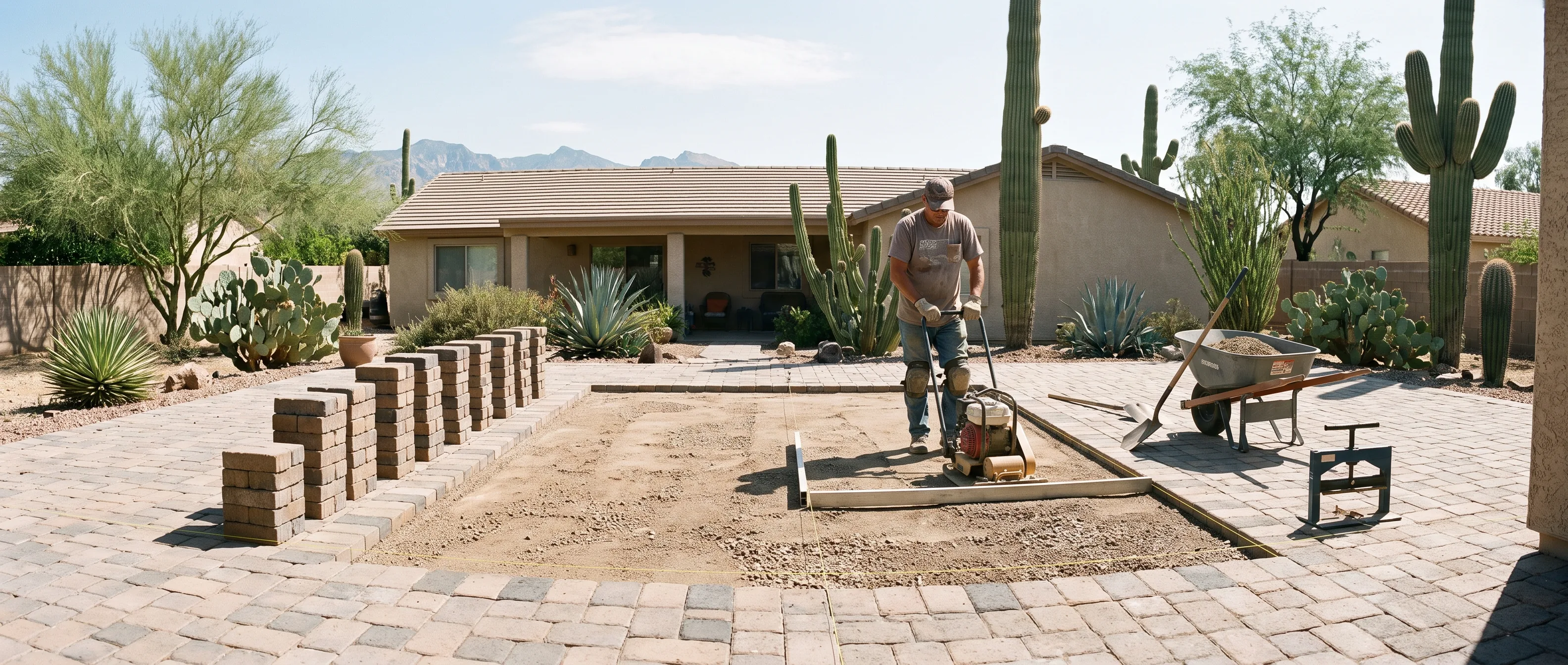 Repairing a settled section of paver patio in Tucson