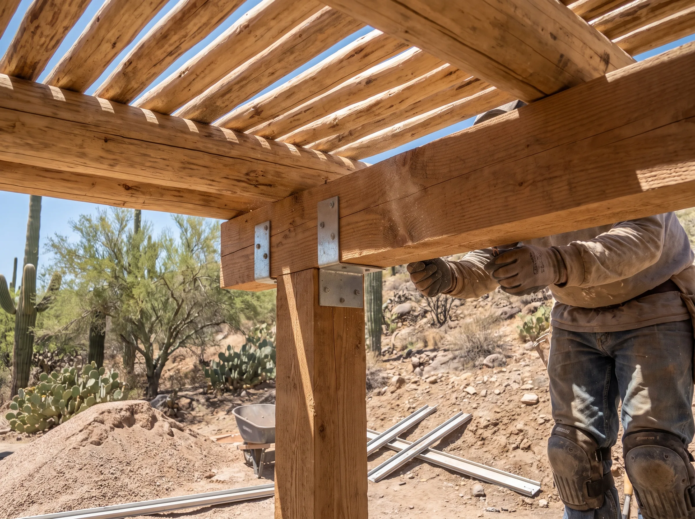 Latilla decking and beam connection on a ramada