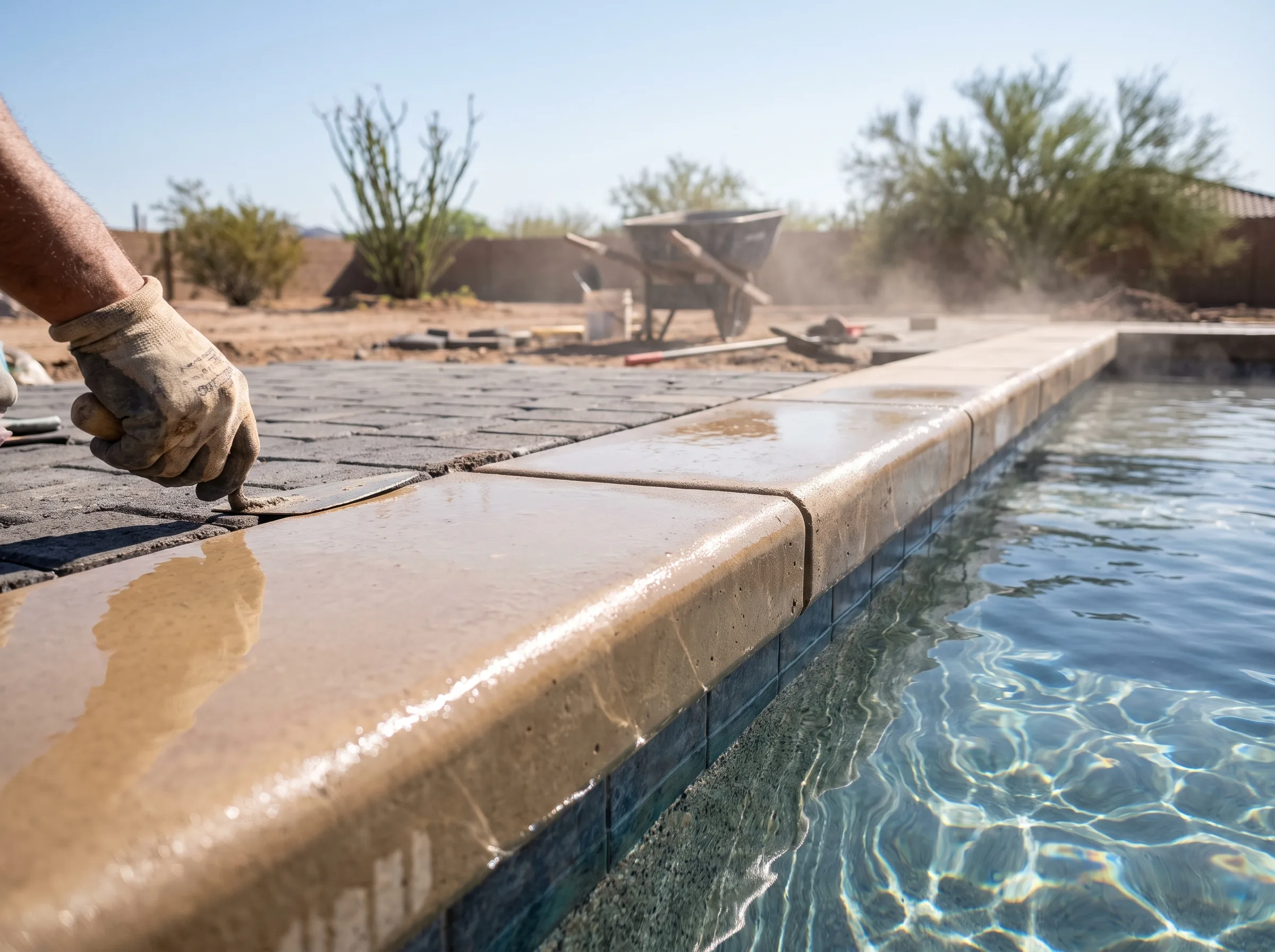 Bullnose coping set along a pool edge