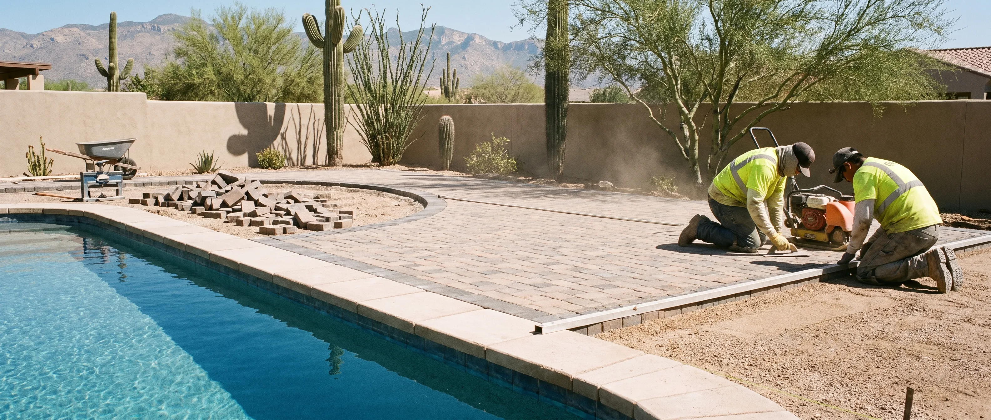 Paver pool deck and coping being laid in Tucson