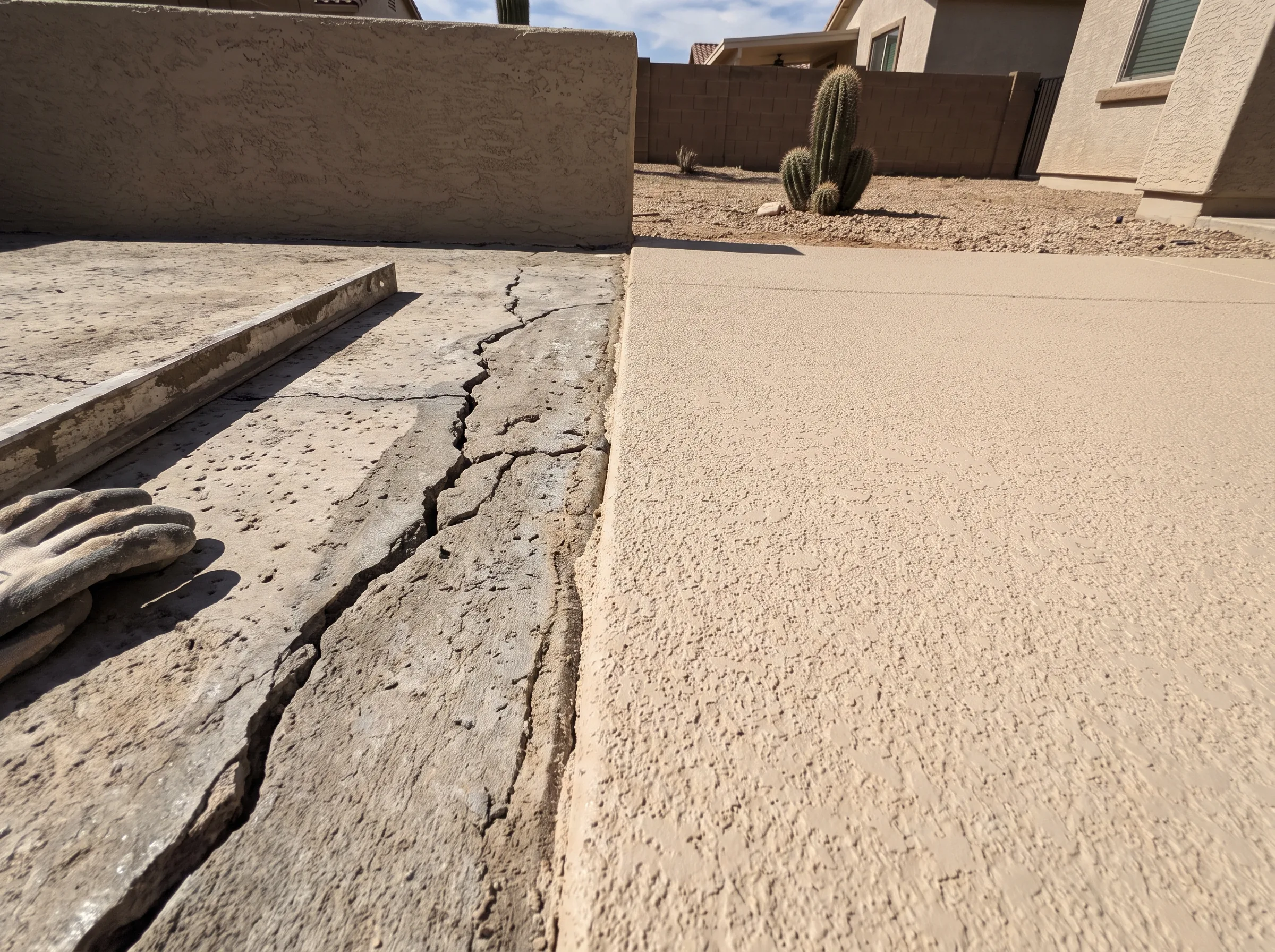 Textured cool deck finish beside old cracked concrete
