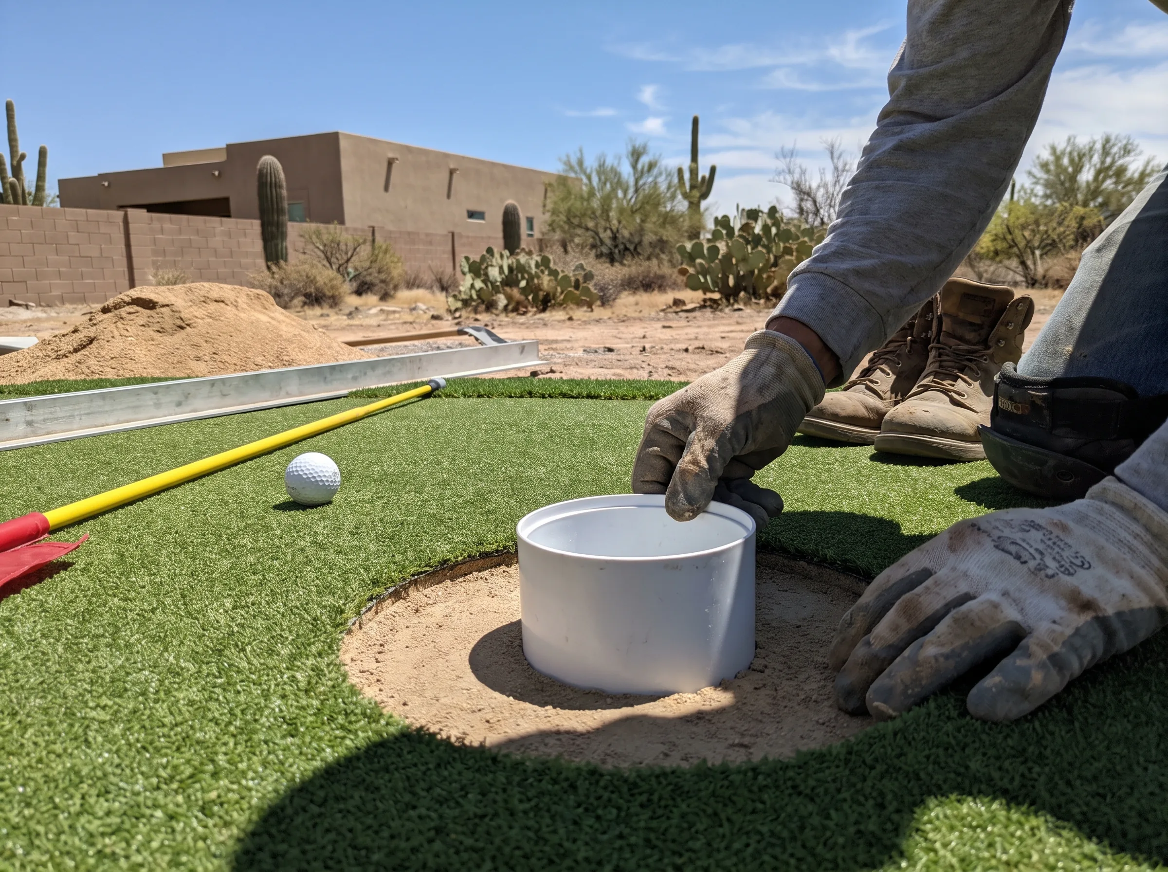 Cutting and setting a cup in a synthetic putting green