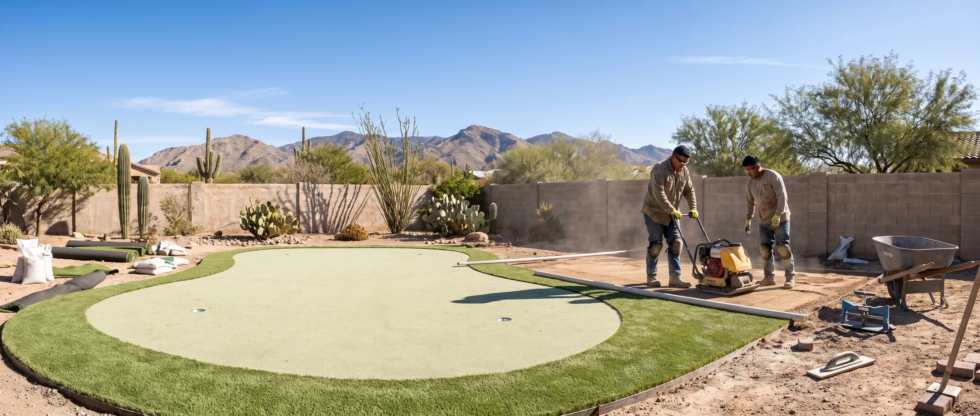 Backyard putting green shaped and cut in a Tucson yard