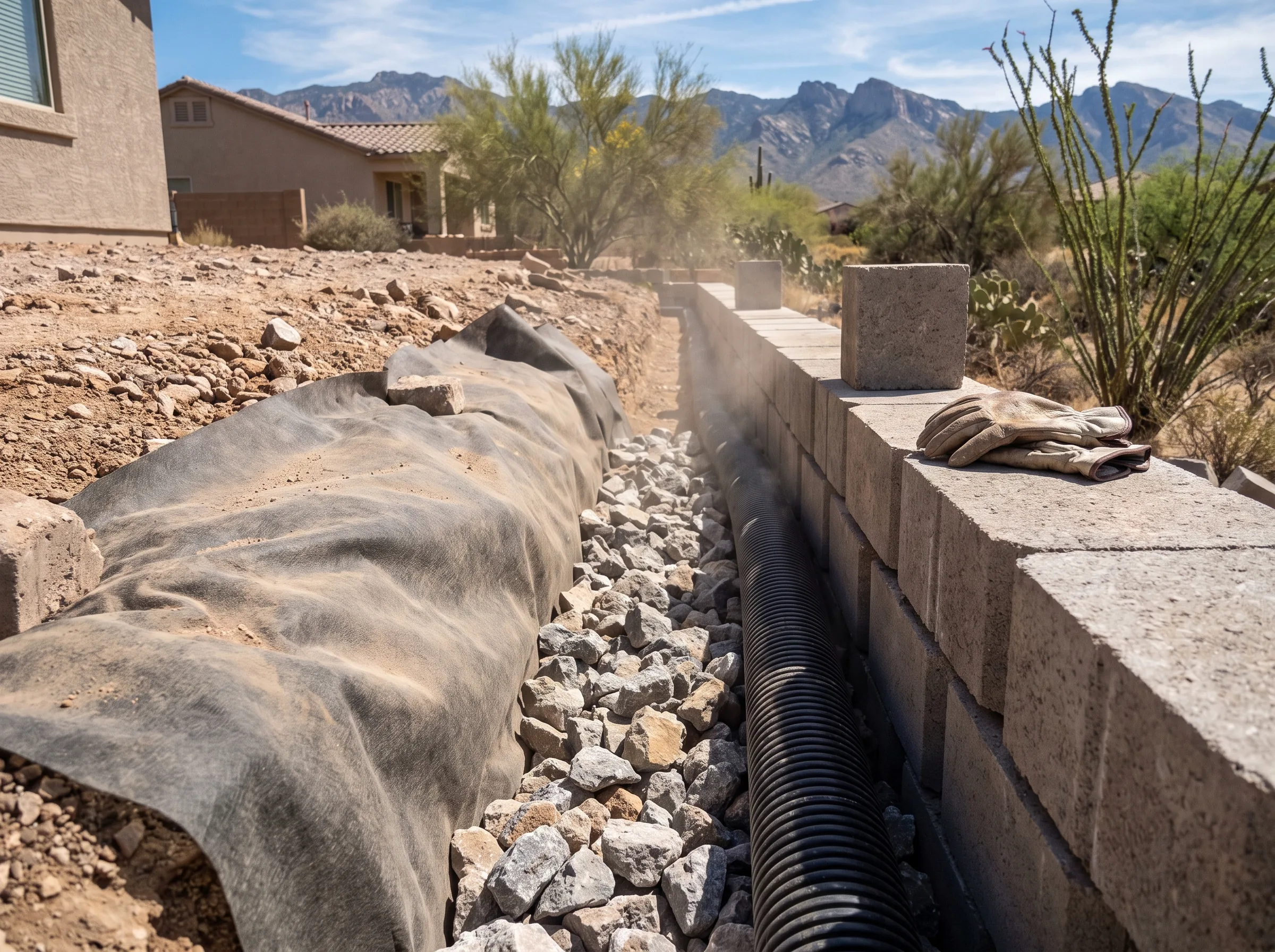 Drain rock and pipe behind a retaining wall