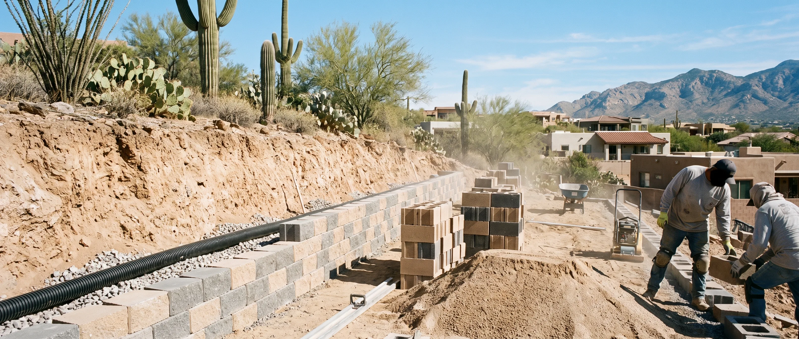 Retaining wall under construction on a Tucson slope