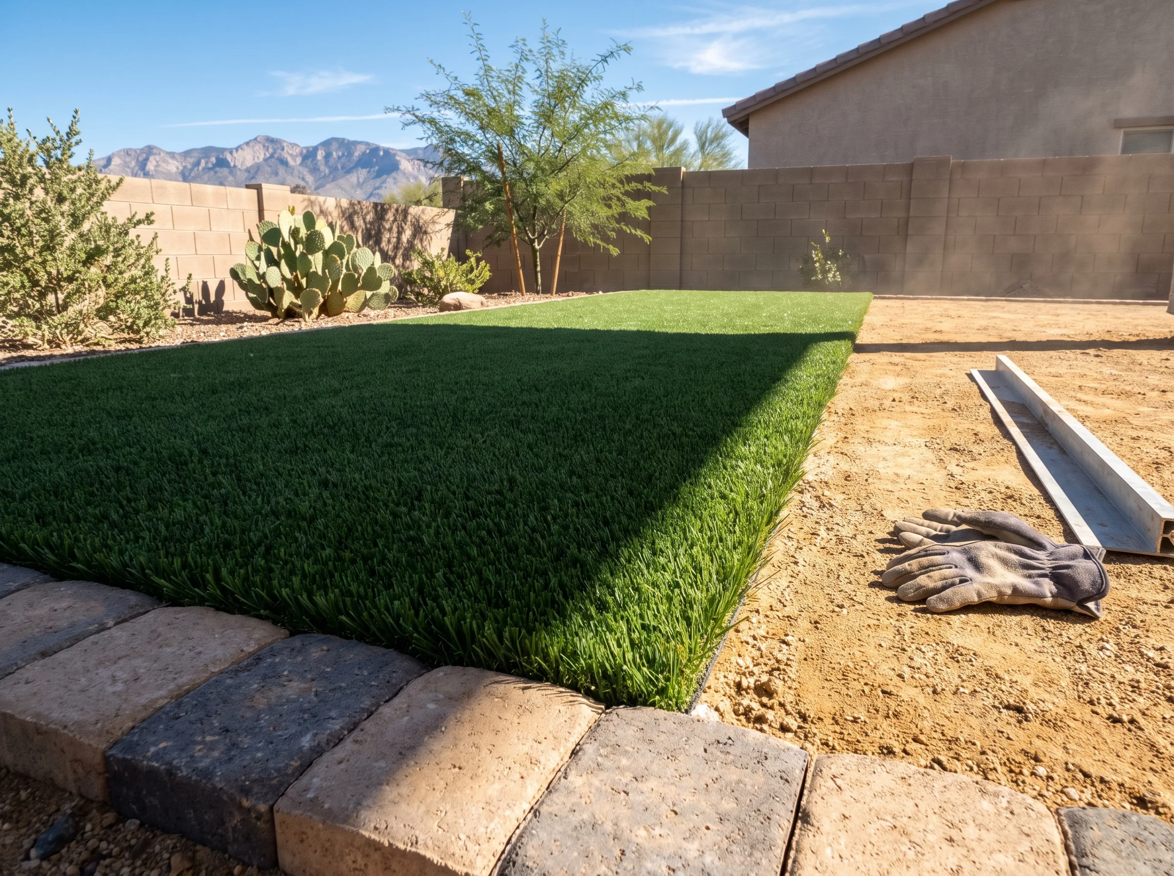 Artificial turf lawn panel in a Tucson back yard
