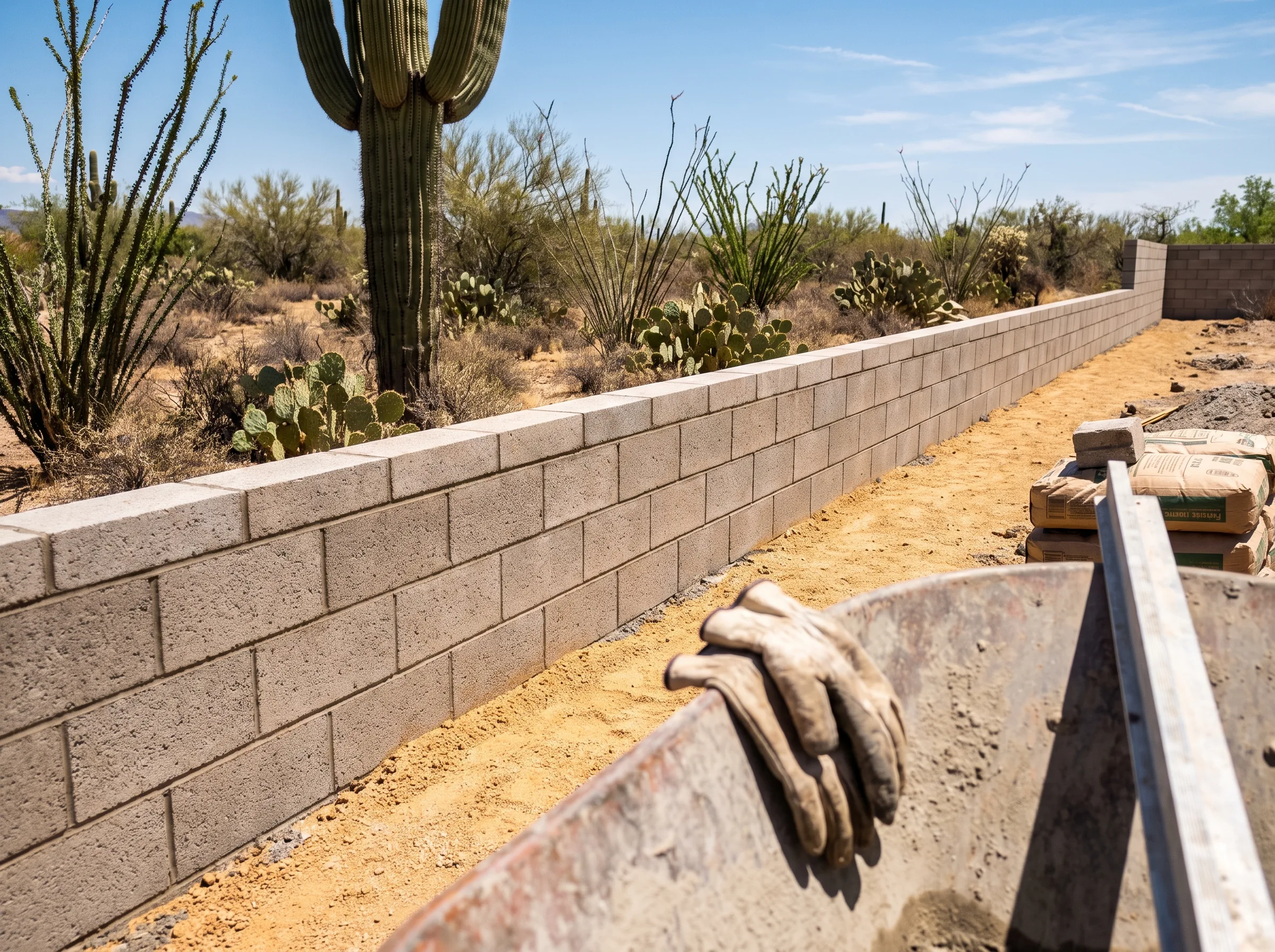 Slump block privacy wall around a Tucson property