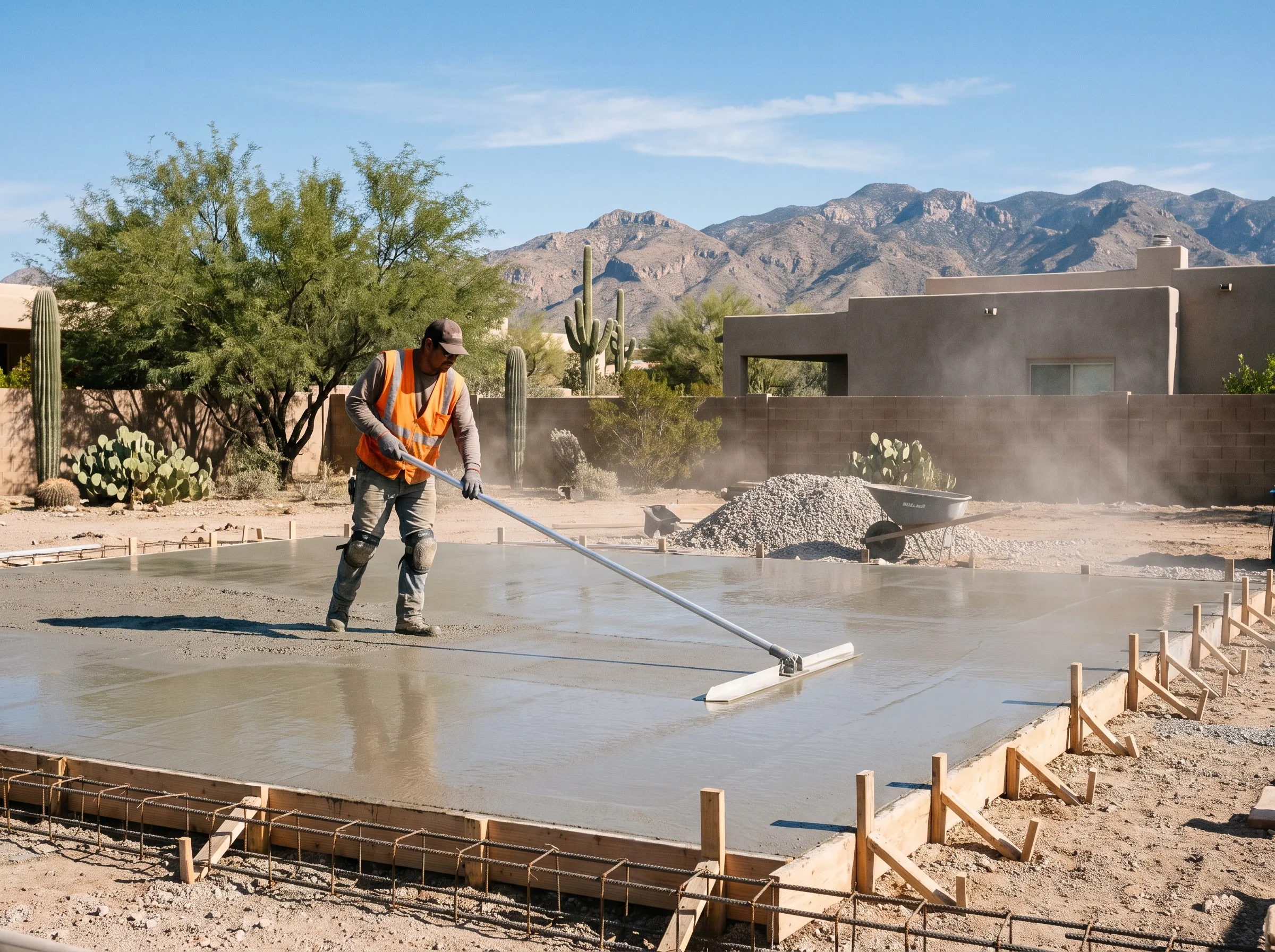 Fresh concrete slab being floated in a Tucson yard