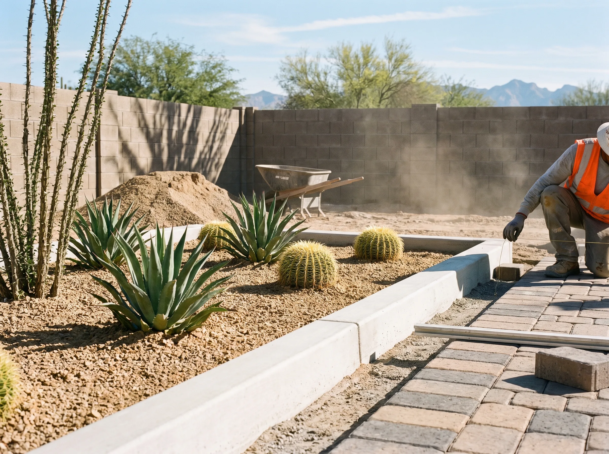 Xeriscape planting beside a hardscape edge in Tucson