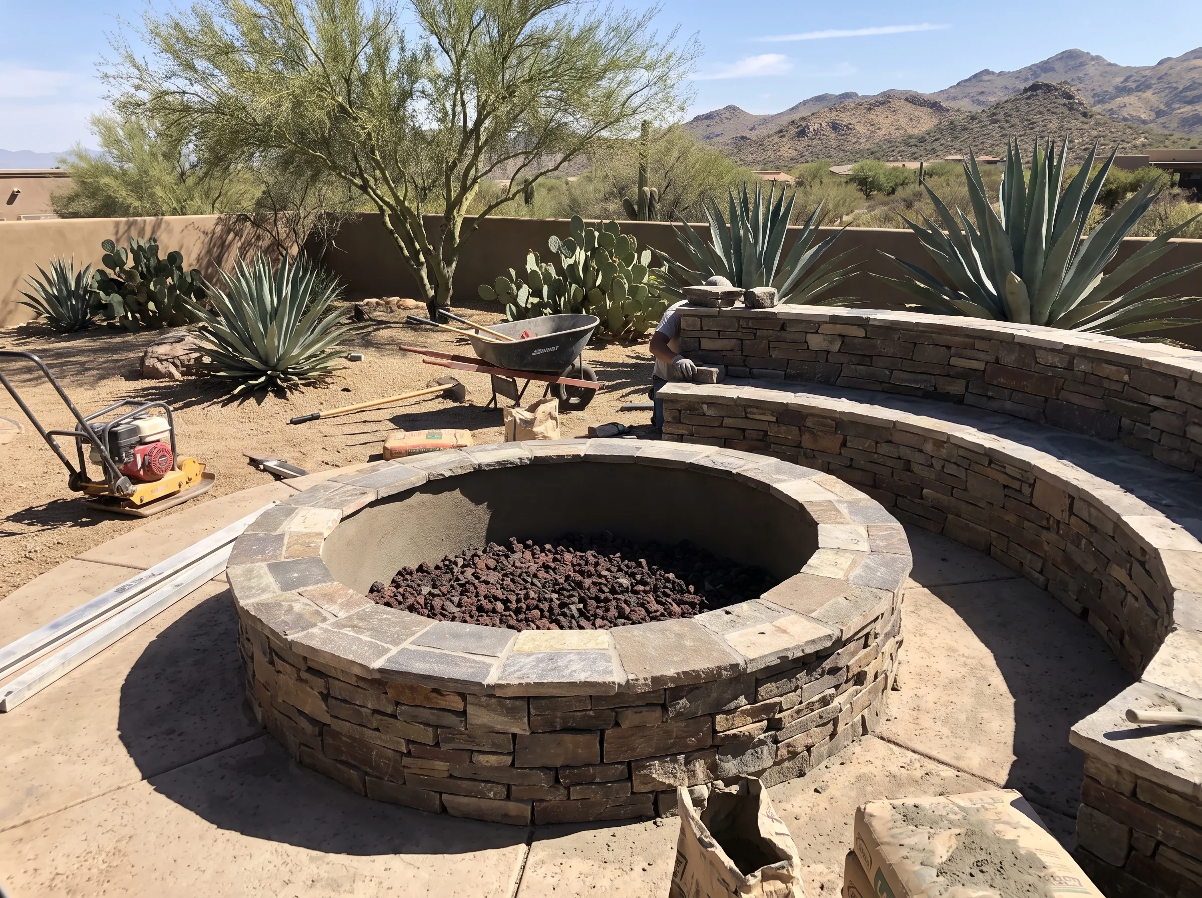 Block built gas fire pit in a Tucson yard