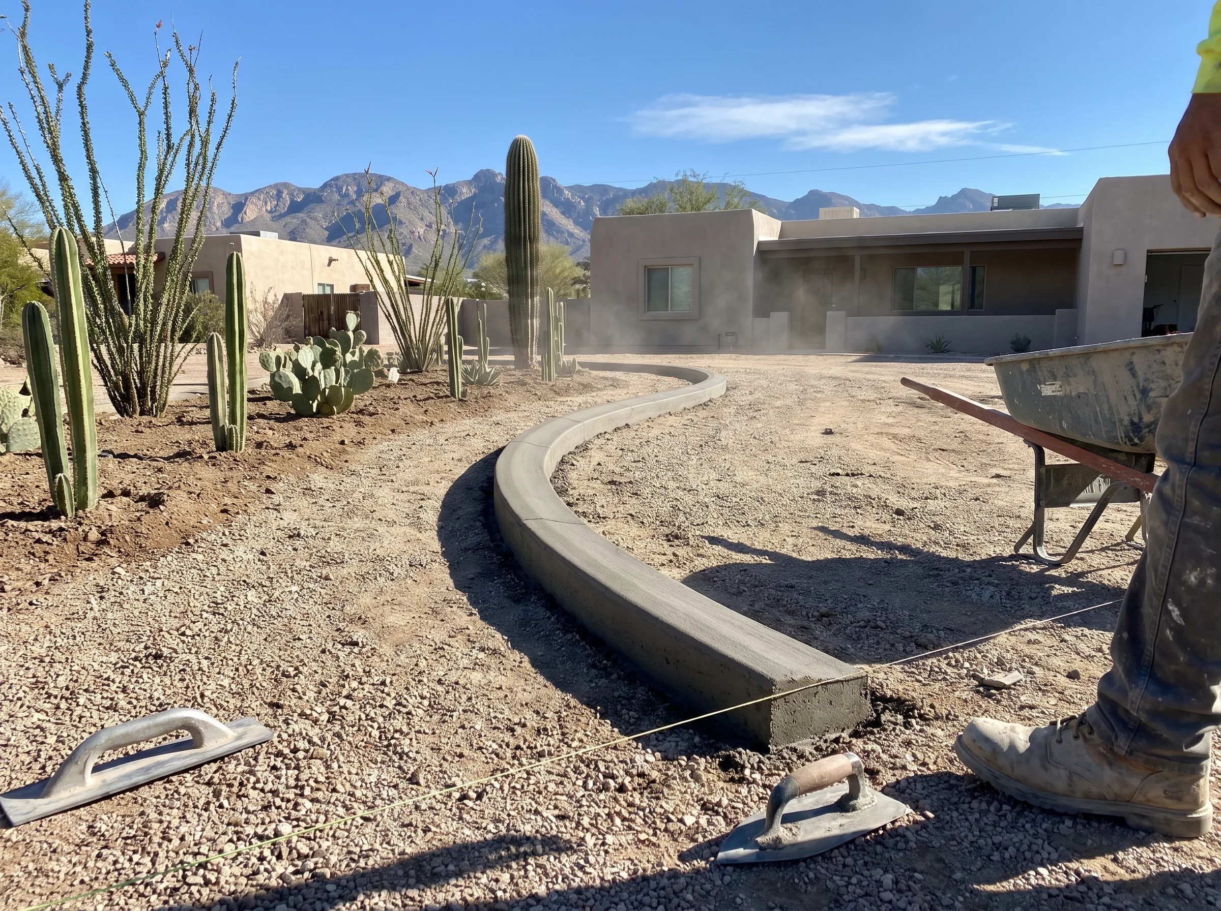 Extruded concrete curbing separating gravel from planting