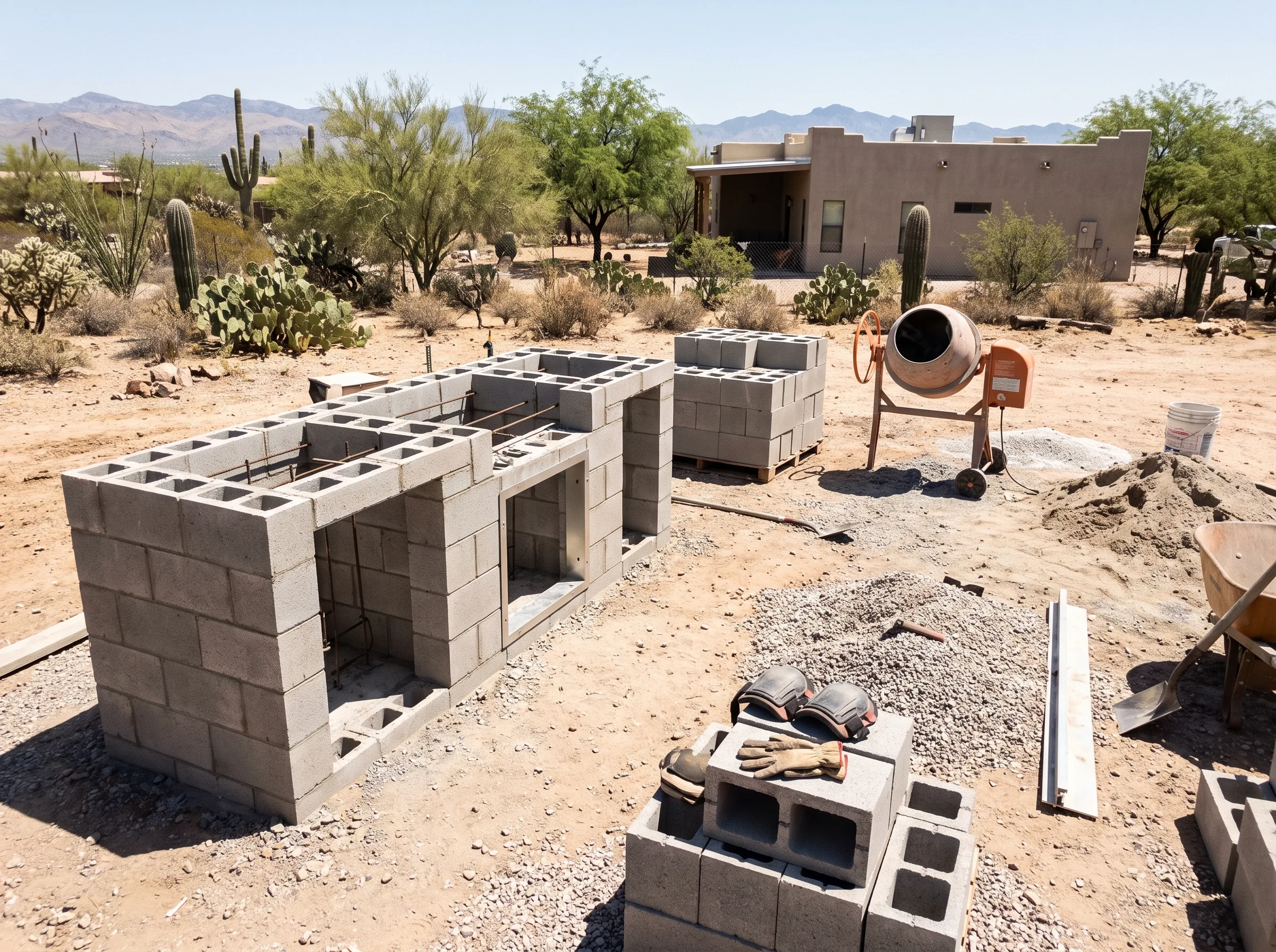 Block built BBQ island under construction in Tucson