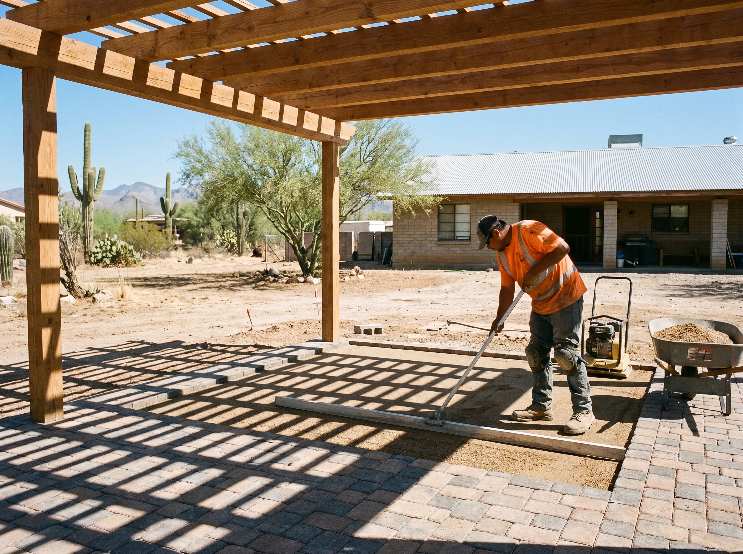 Timber ramada casting shade over a Tucson patio