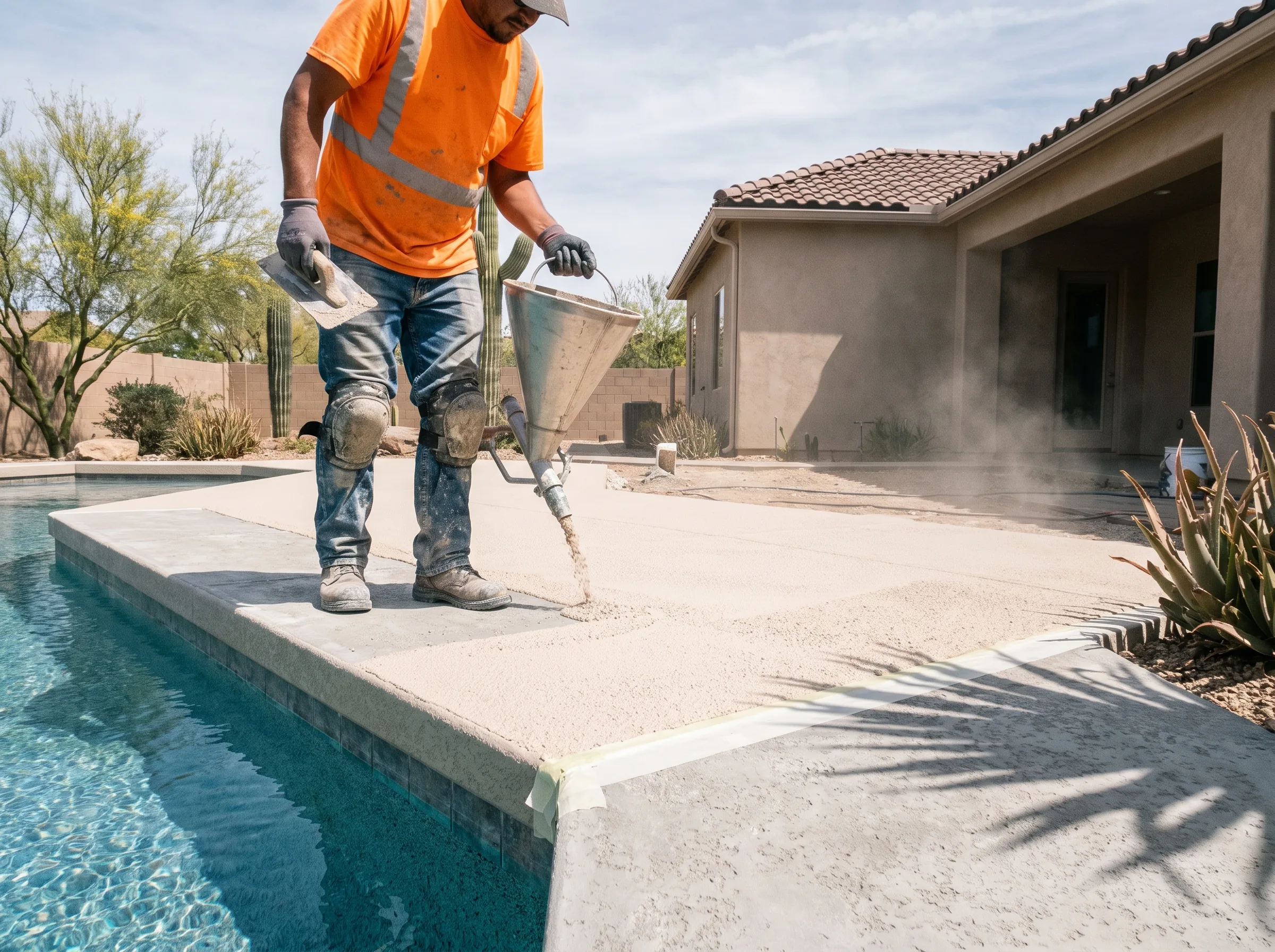 Cool deck overlay being applied to a Tucson pool deck