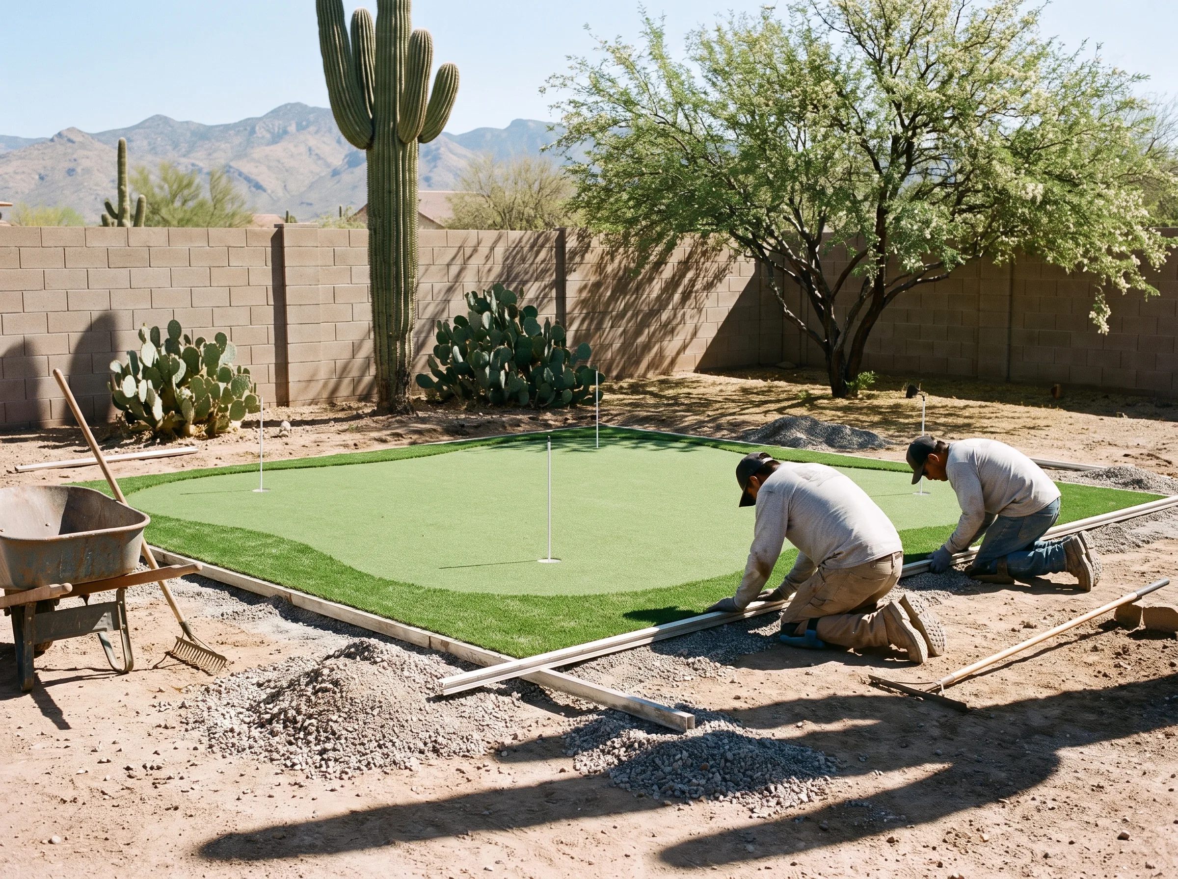 Backyard putting green with contour in a Tucson yard