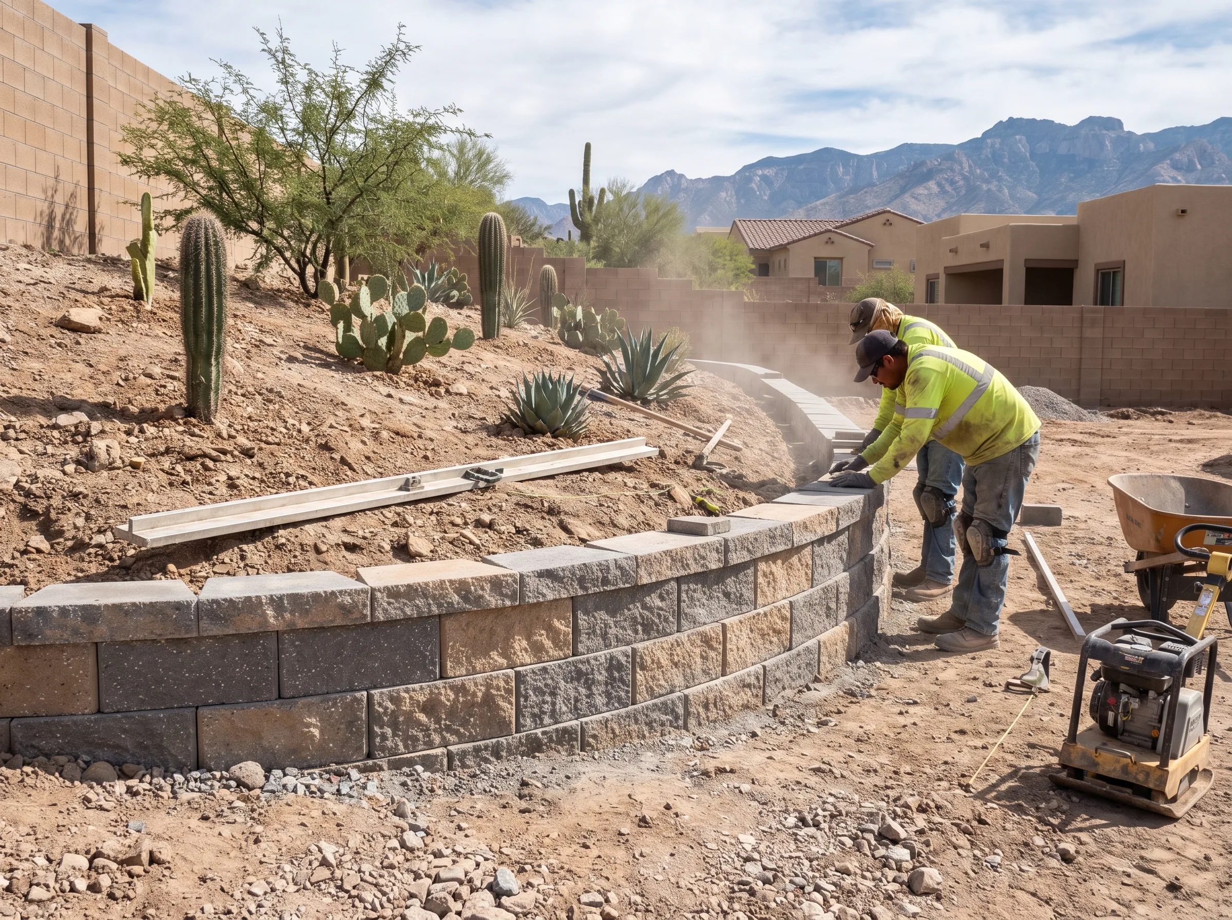 Segmental retaining wall holding a slope in a Tucson yard