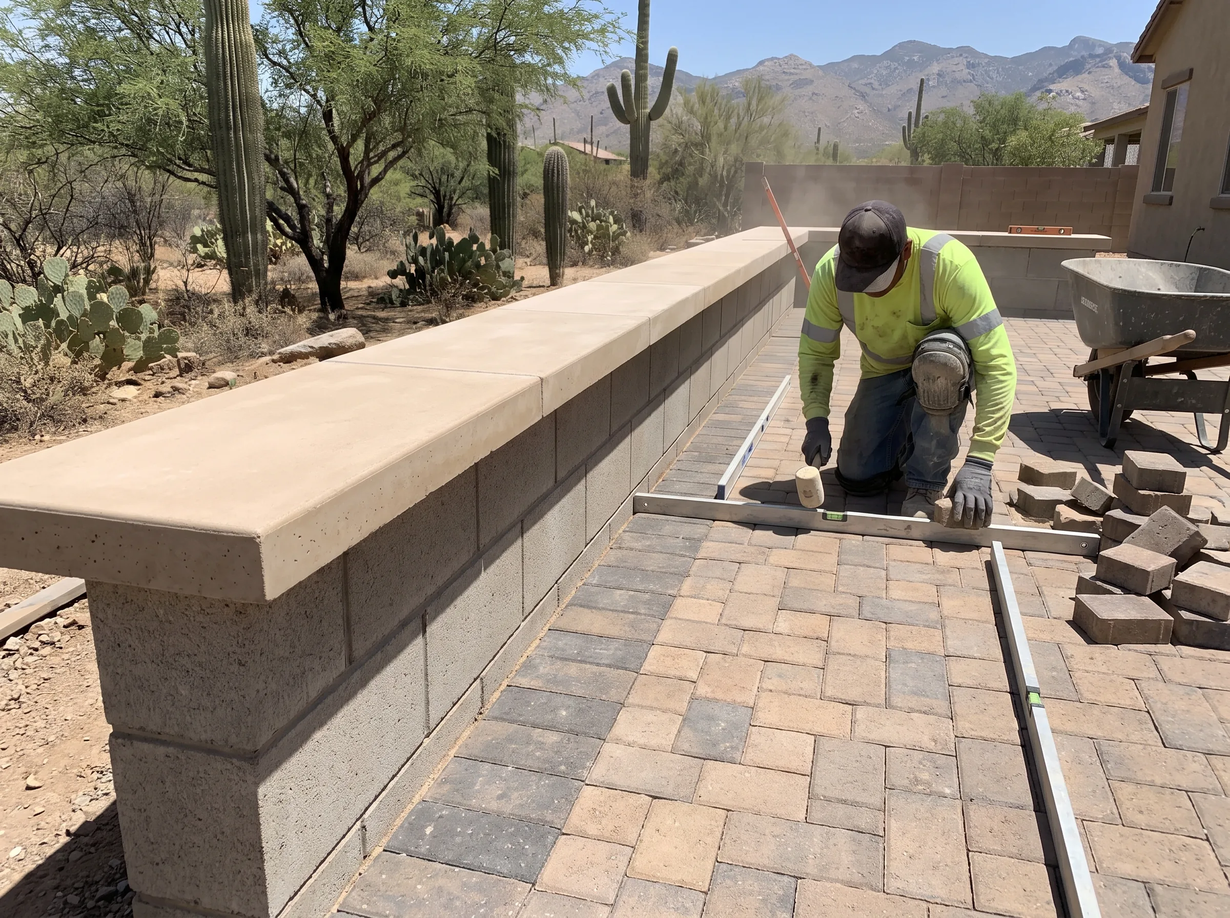 Low seat wall with a capstone beside a paver patio